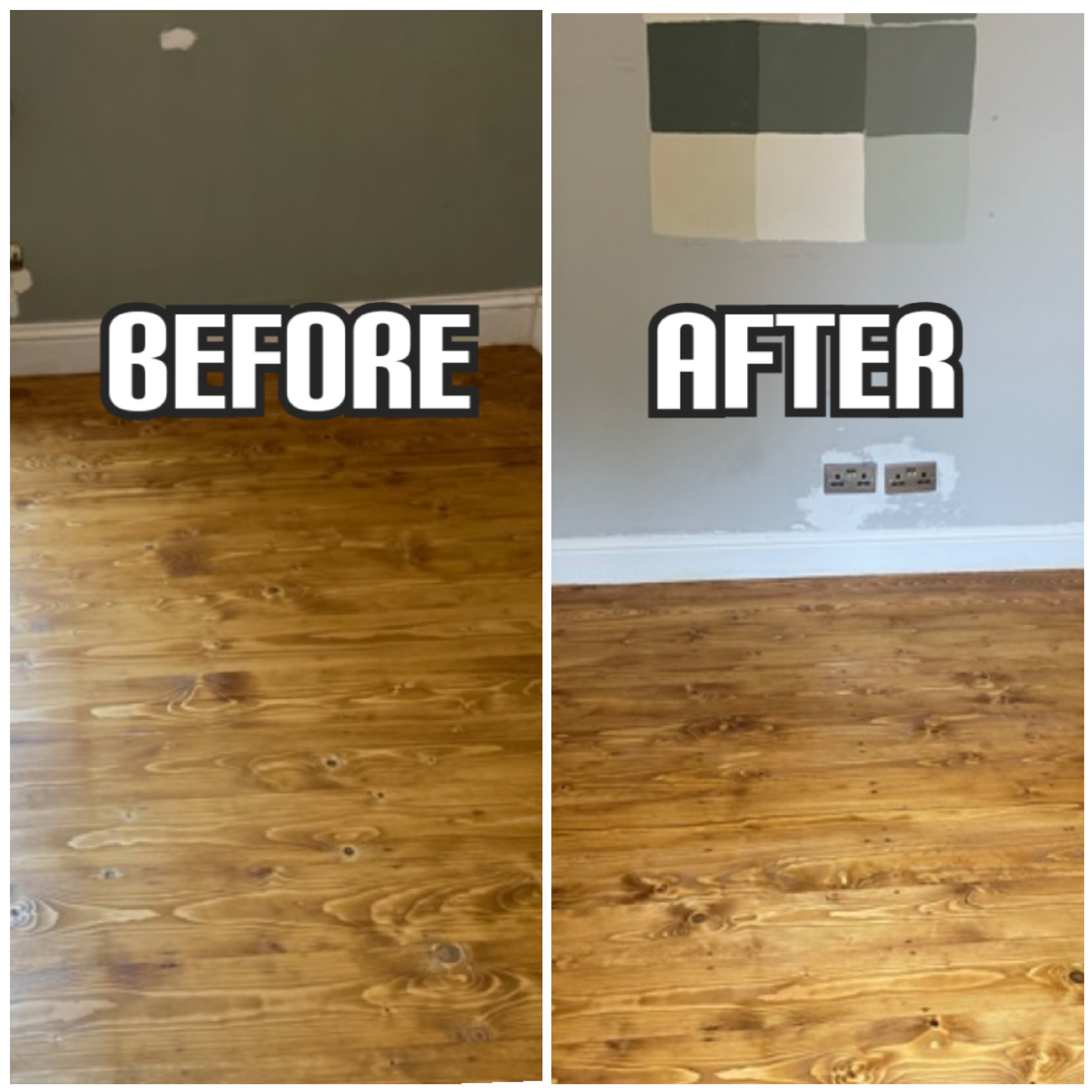 before and after Solid pine floorboards installation,, Barnet