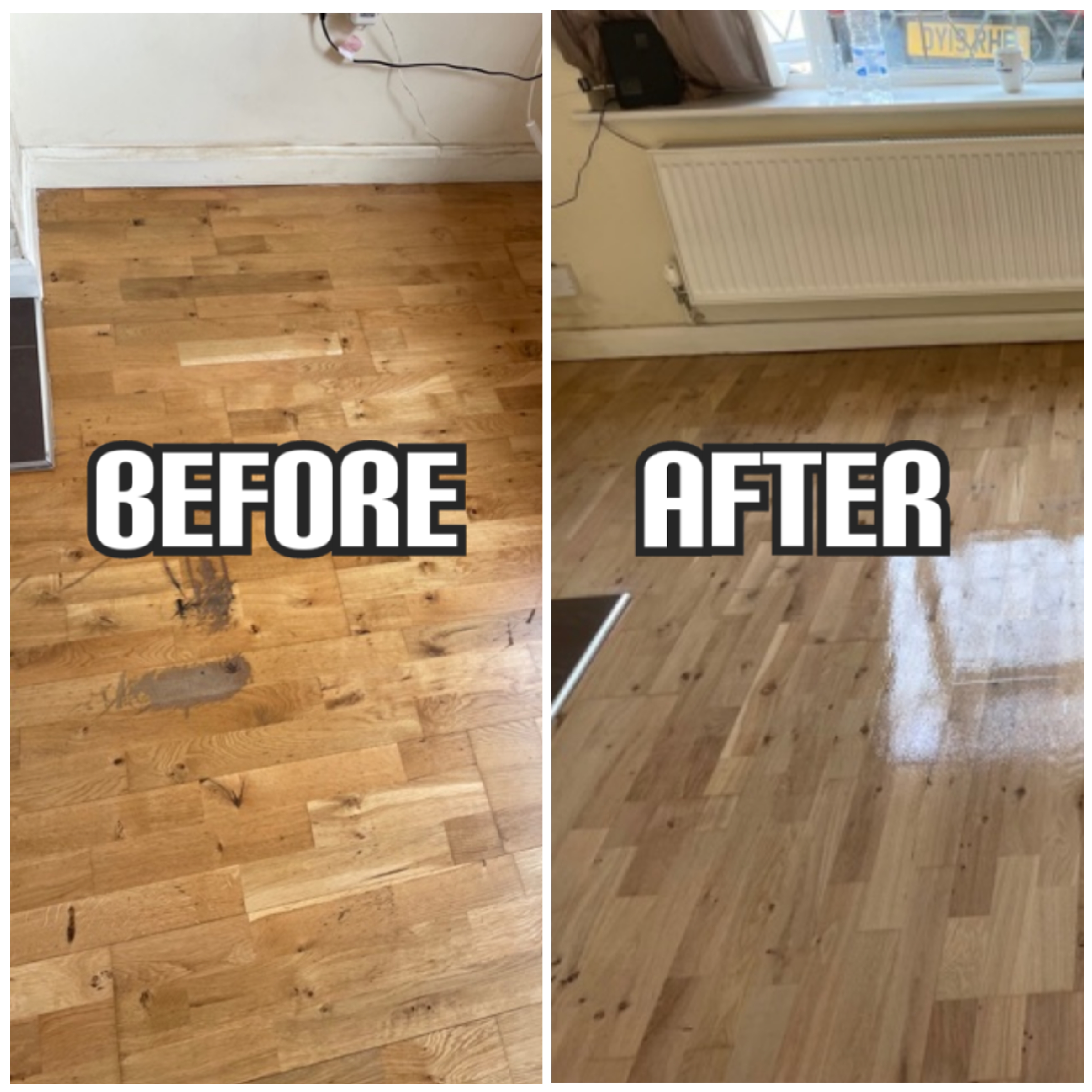 before and after Solid wood oak flooring restoration in luxury house Lambeth