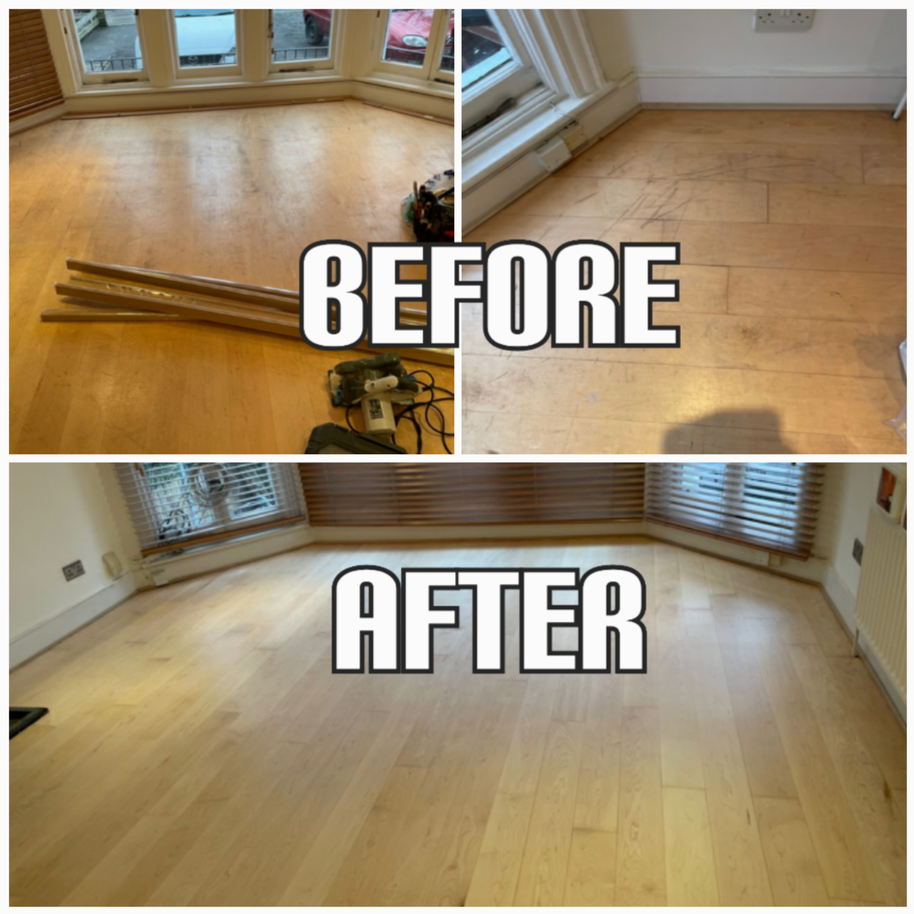 before and after floor sanding of maple floorboards in a house, Lambeth