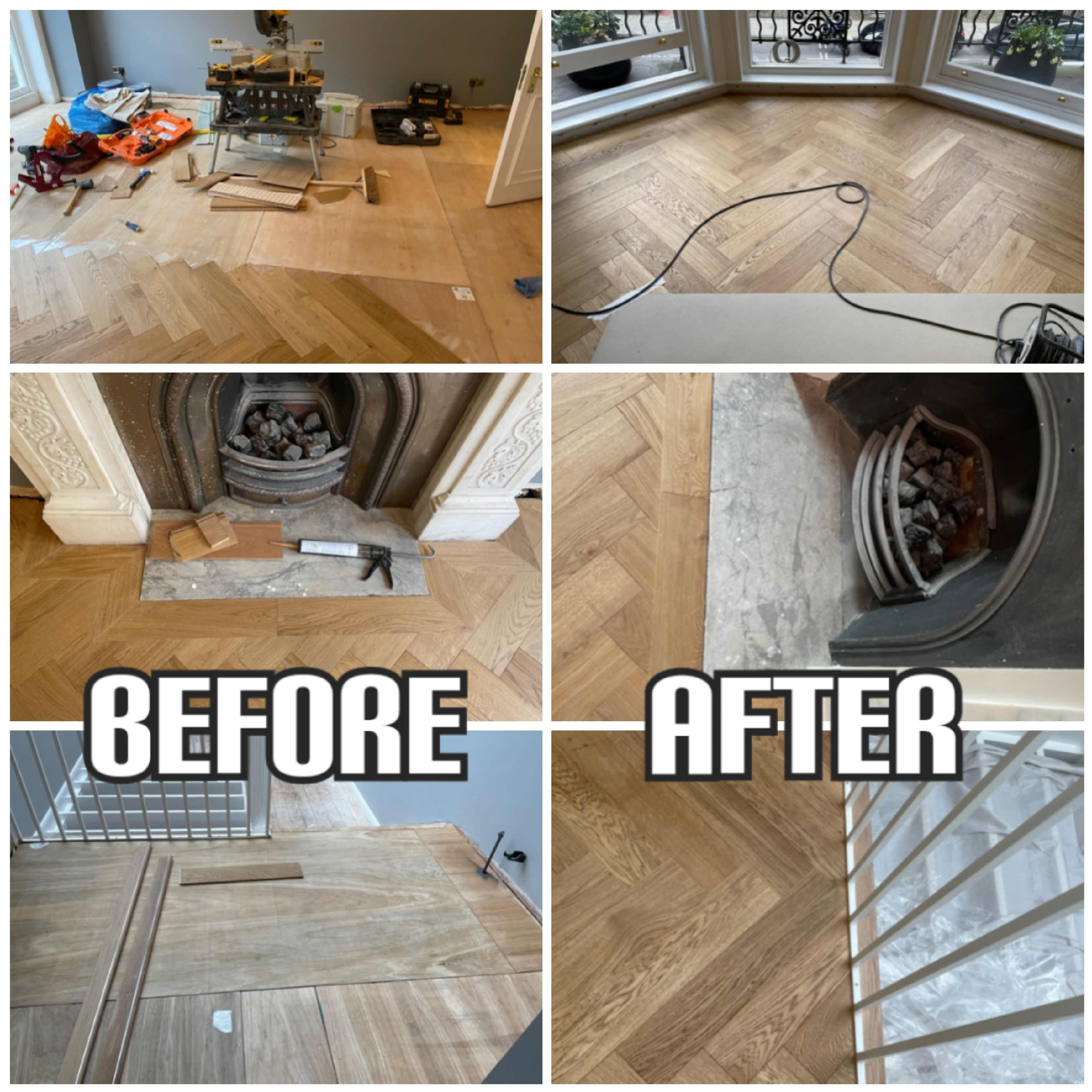 Before and After Herringbone oak flooring installation in an embassy, Westminster