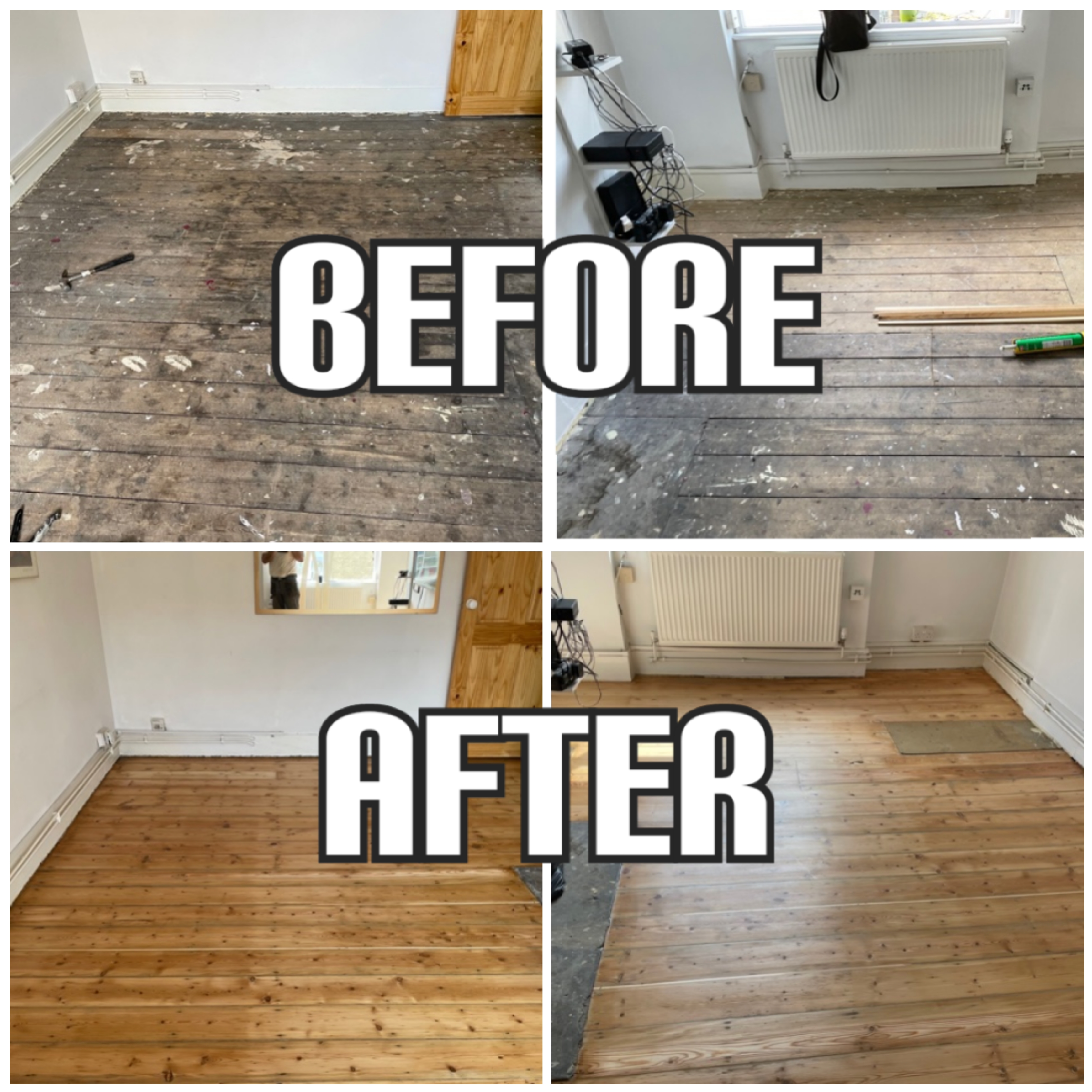 before and after hardwood floor restoration and reclaiming in Fulham