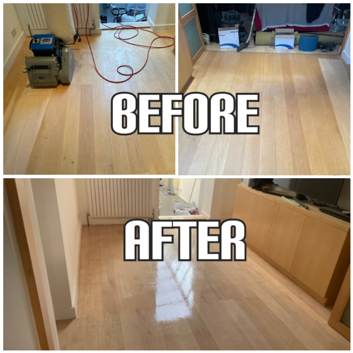 Before and after Budget floor sanding and finishing with satin lacquer in a house, Tooting