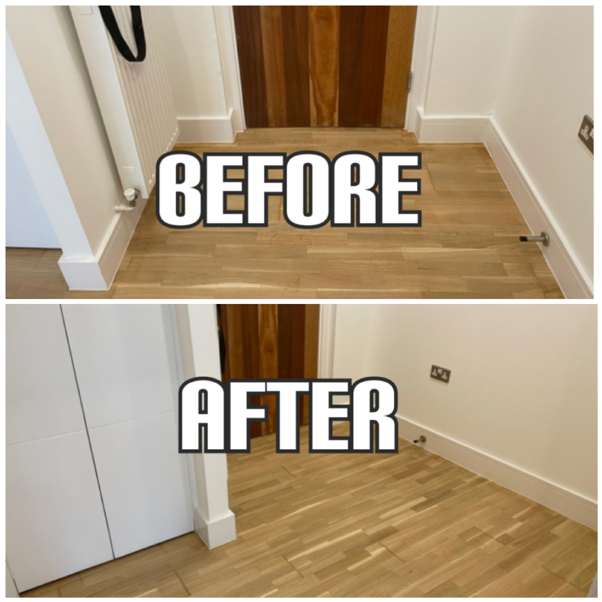 before and after Floor installation and refinishing in a hallway of apartment, Enfield