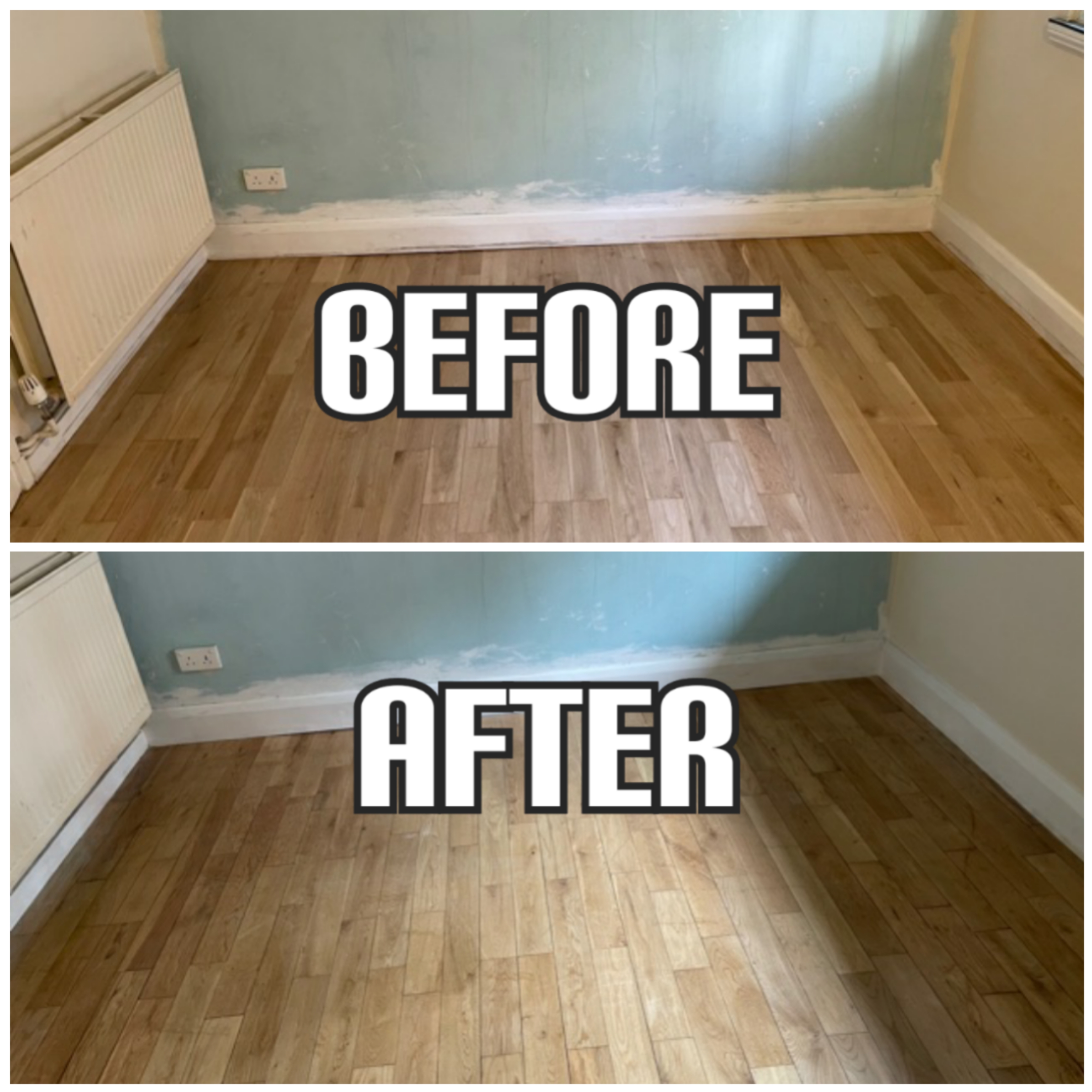 before and after floor installation and refinishing of solid wood floorboards in an apartment, Kensington