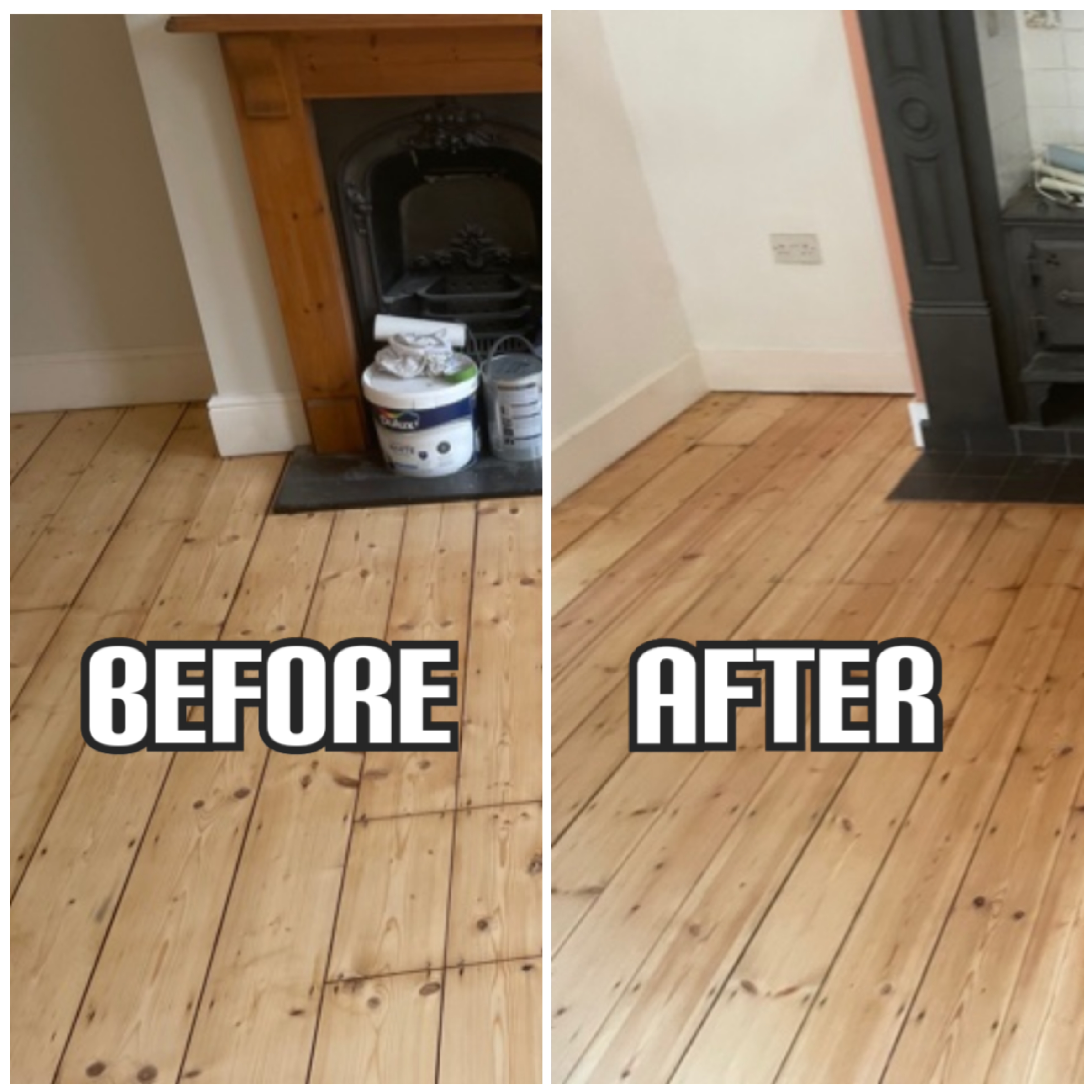 before and after Floor maintenance with light sanding and satin lacquer finish, Barnet