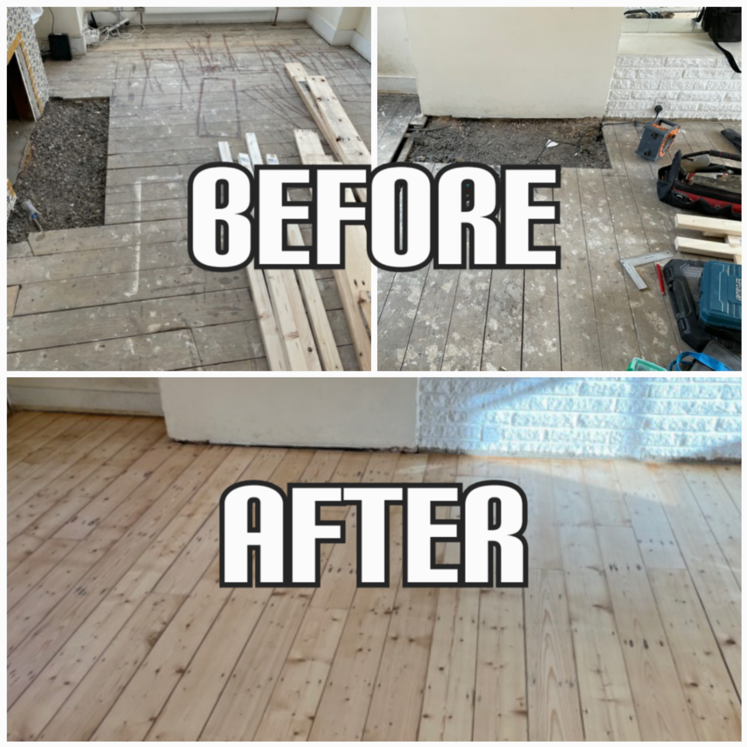 before and after floor repair and sanding of hardwood flooring in a living room, Southwark