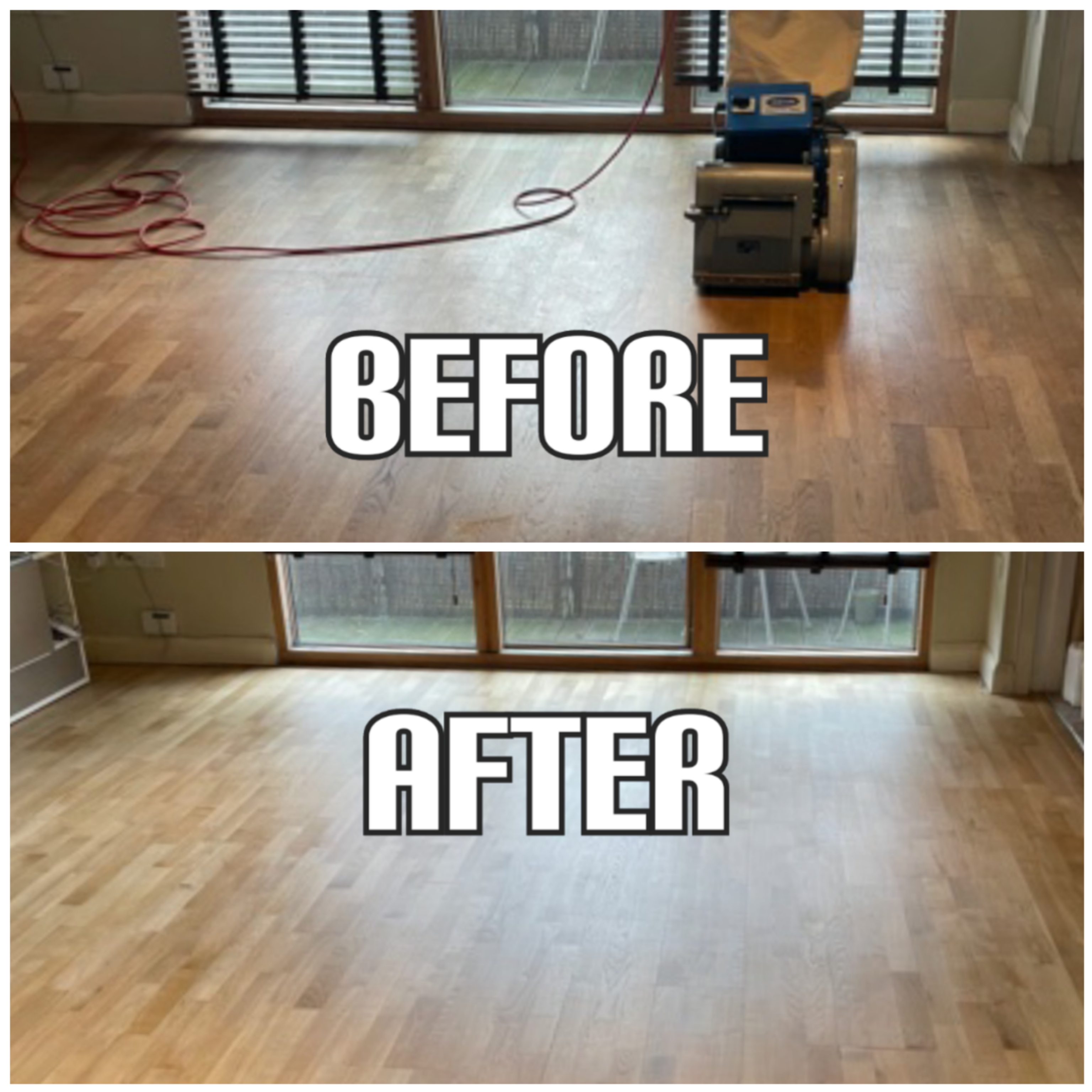 before and after foor restoration of engineered floor in a living room, Newham