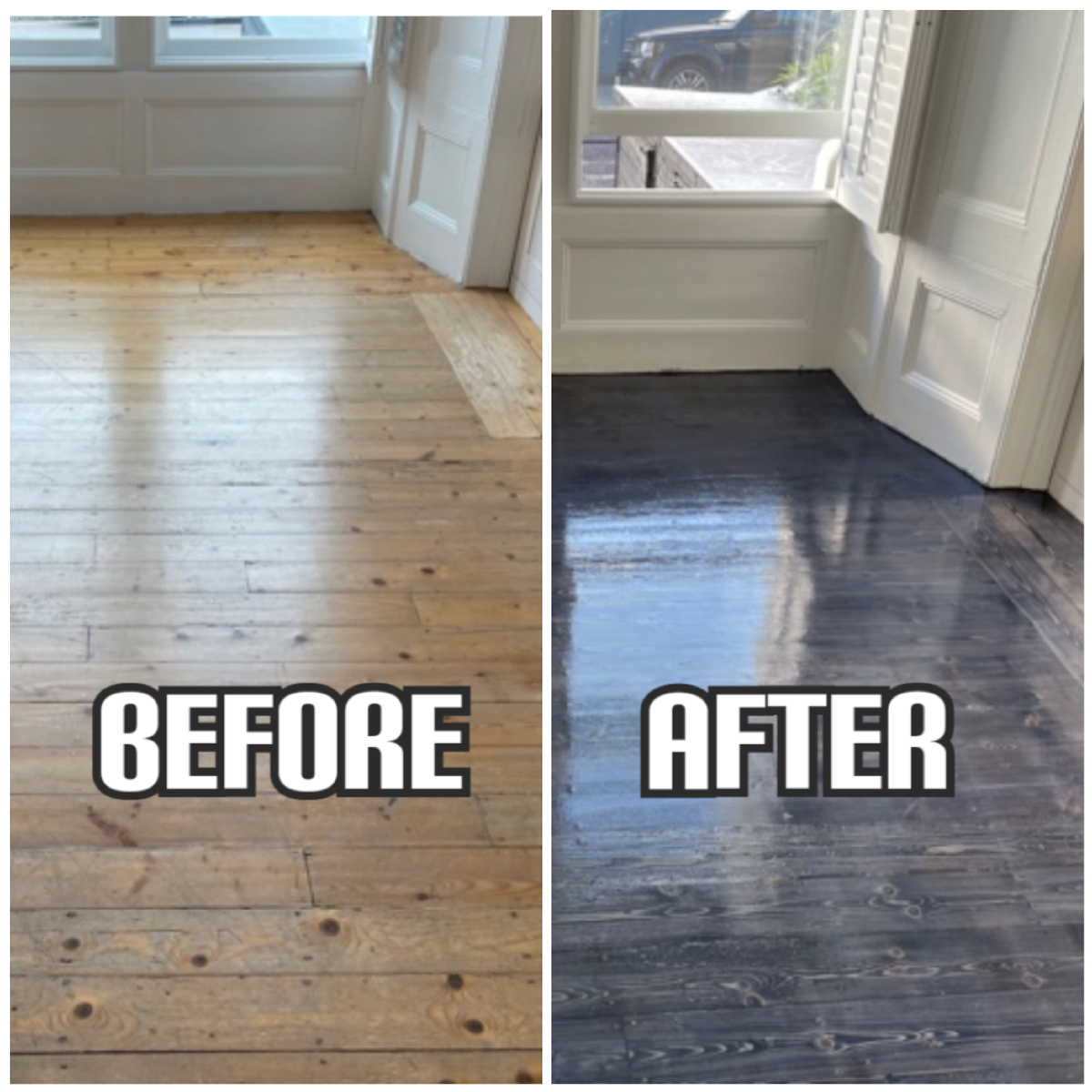 before and after Floor restoration, black colour staining, and finishing in a guest room of house, Islington