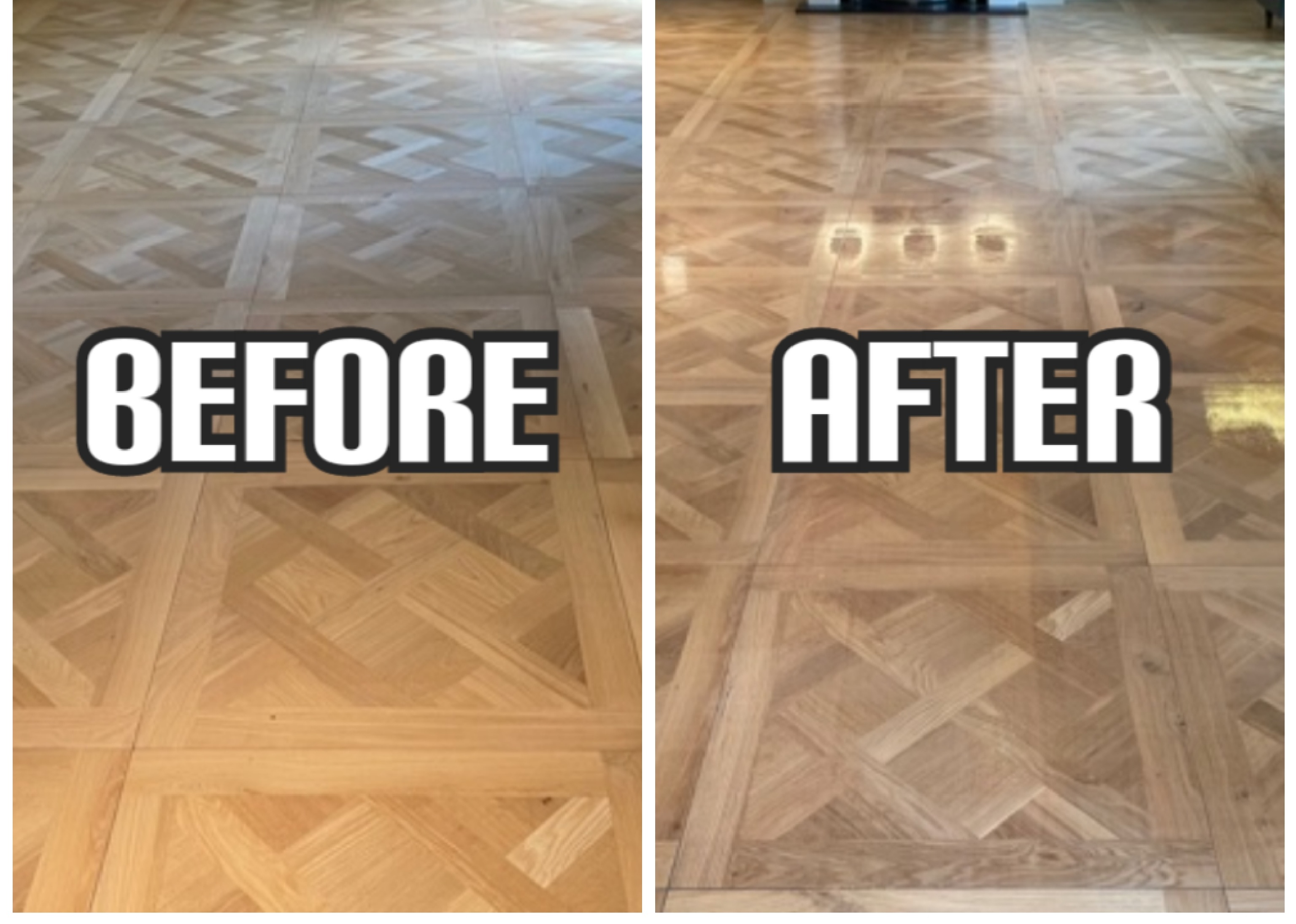 Before and after Floor sanding and refinishing with satin lacquer in a house, Kensington