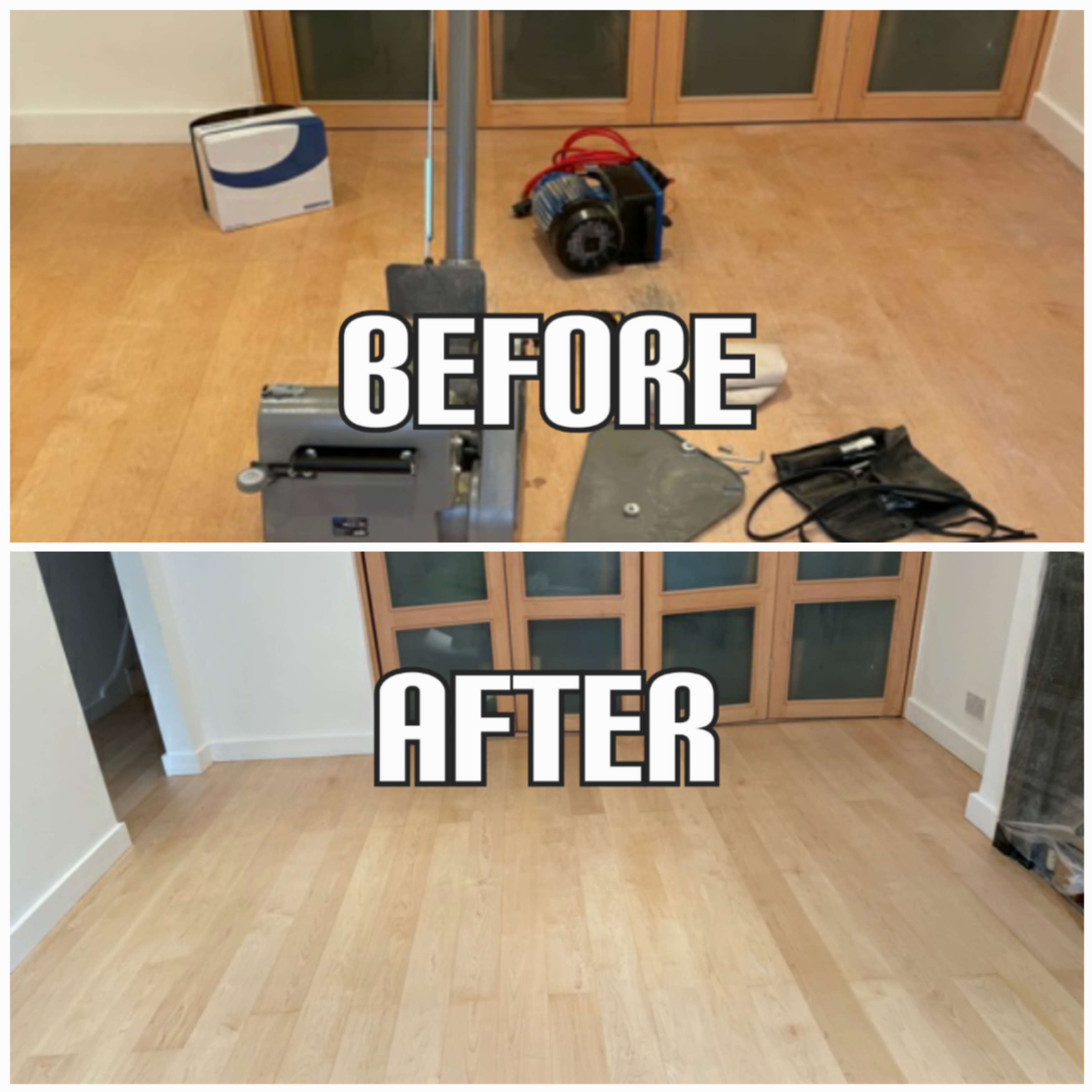 before and after Floor sanding of maple floorboards and clear satin fishing in a bedroom, Chelsea