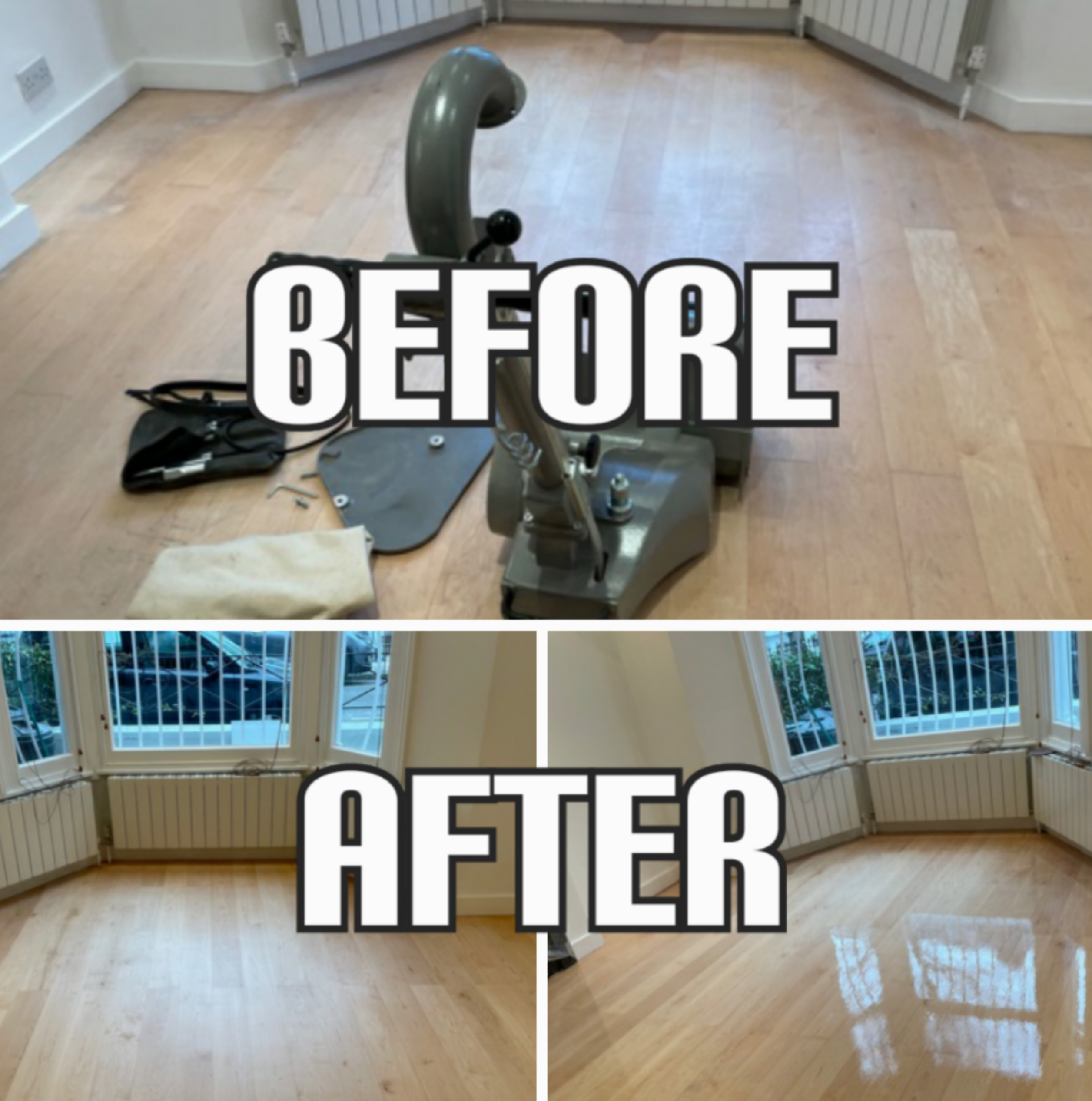 before and after Floor sanding of solid maple floorbards and finishing in a living room, Chelsea