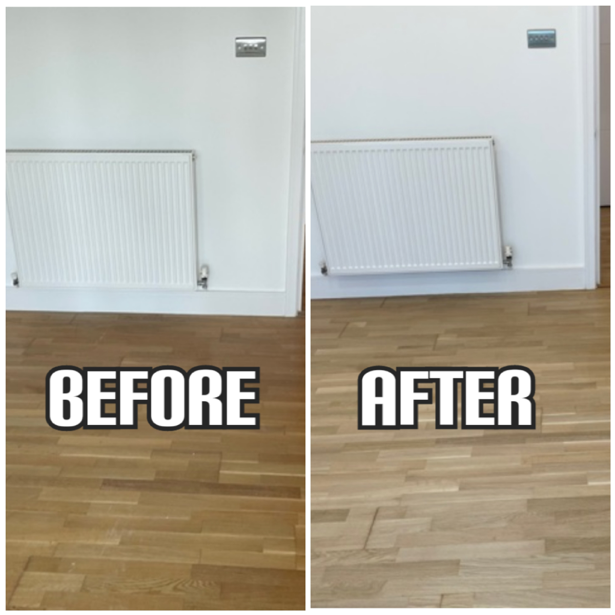before and after Floor sanding of solid wood flooring in a living room of apartment, Clapham