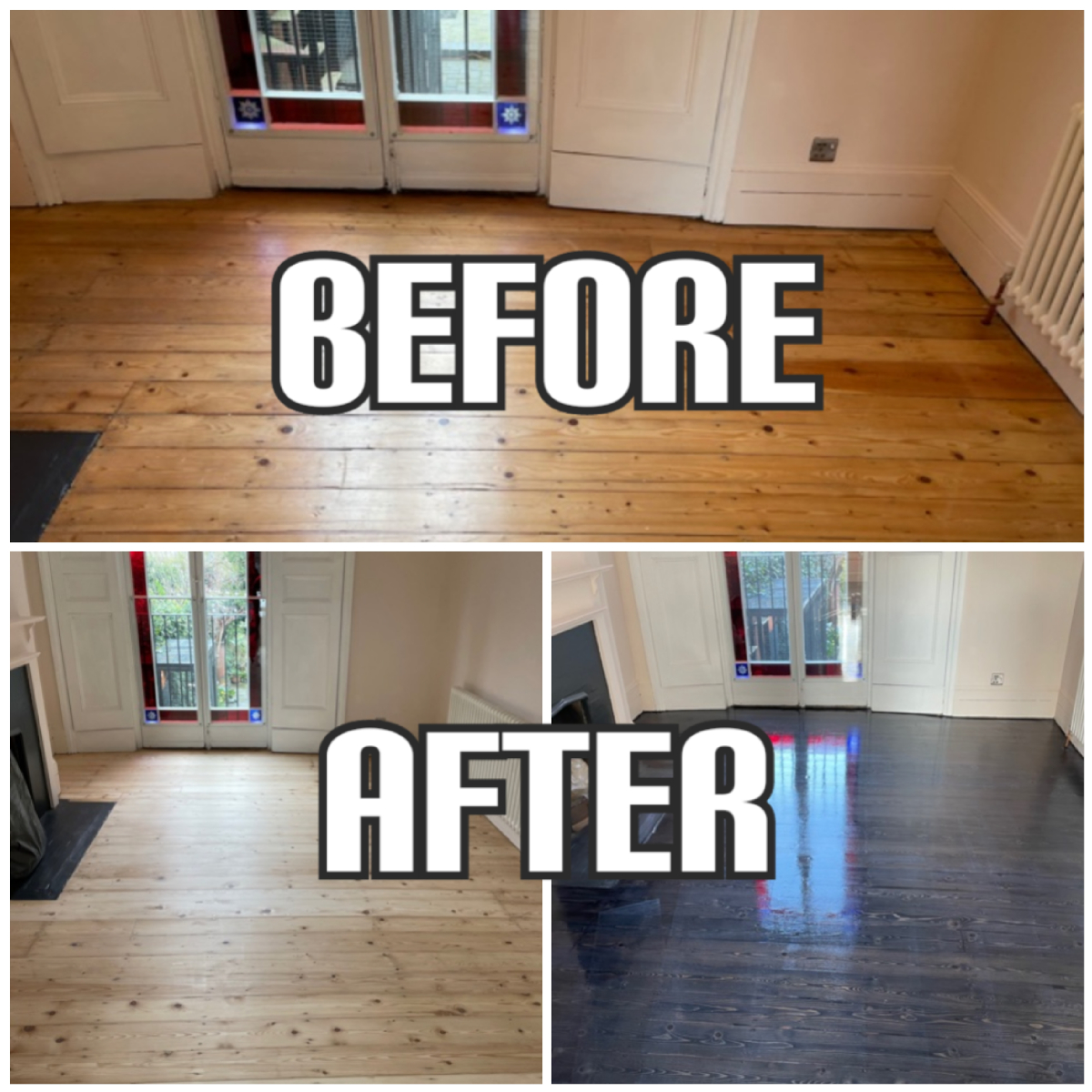 before and after Floor sanding, Morelos fast black staining, polishing in the living room of apartment, Islington