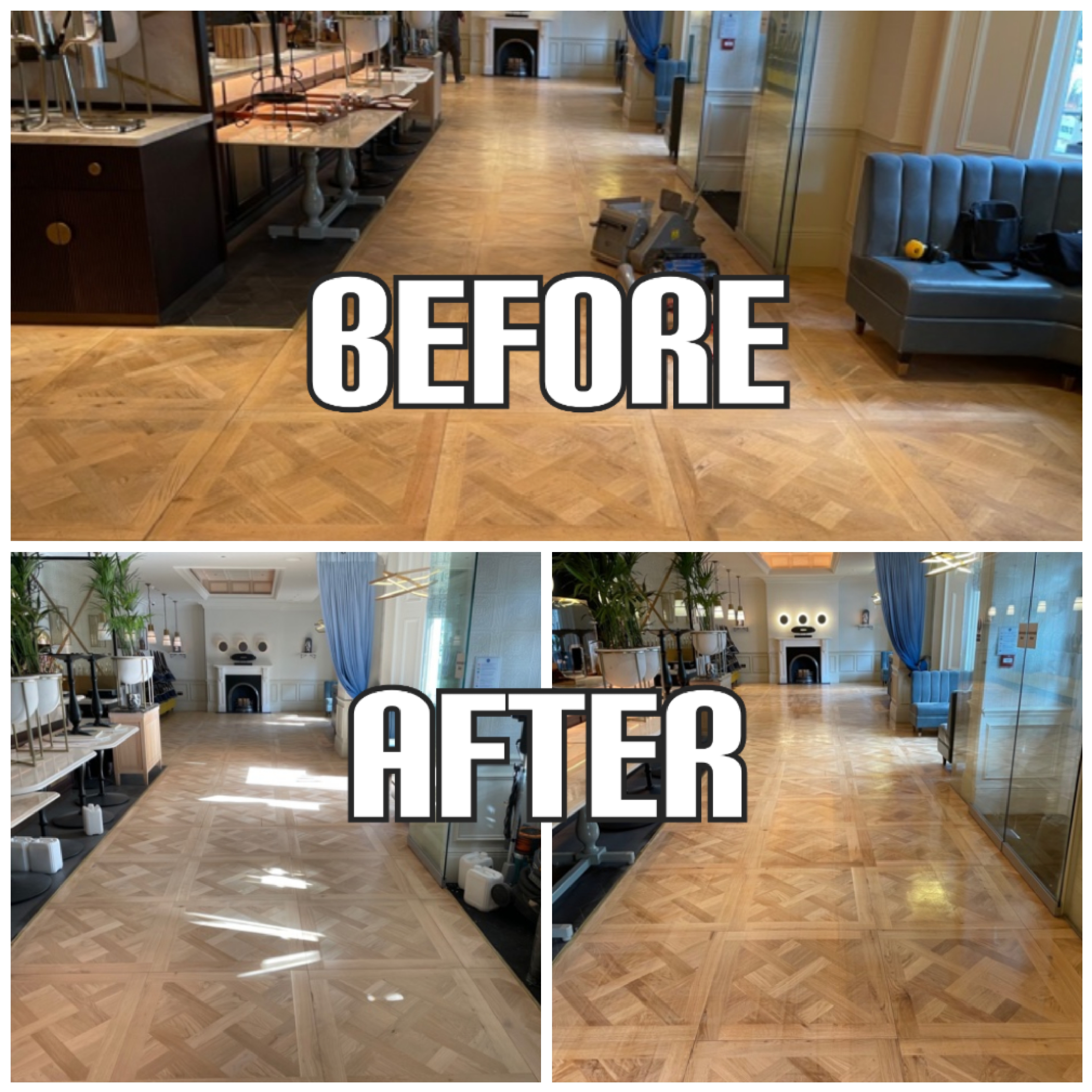 before and after Floor sanding, gap filling, and finishing with clear lacquer in a hotel, Kensington