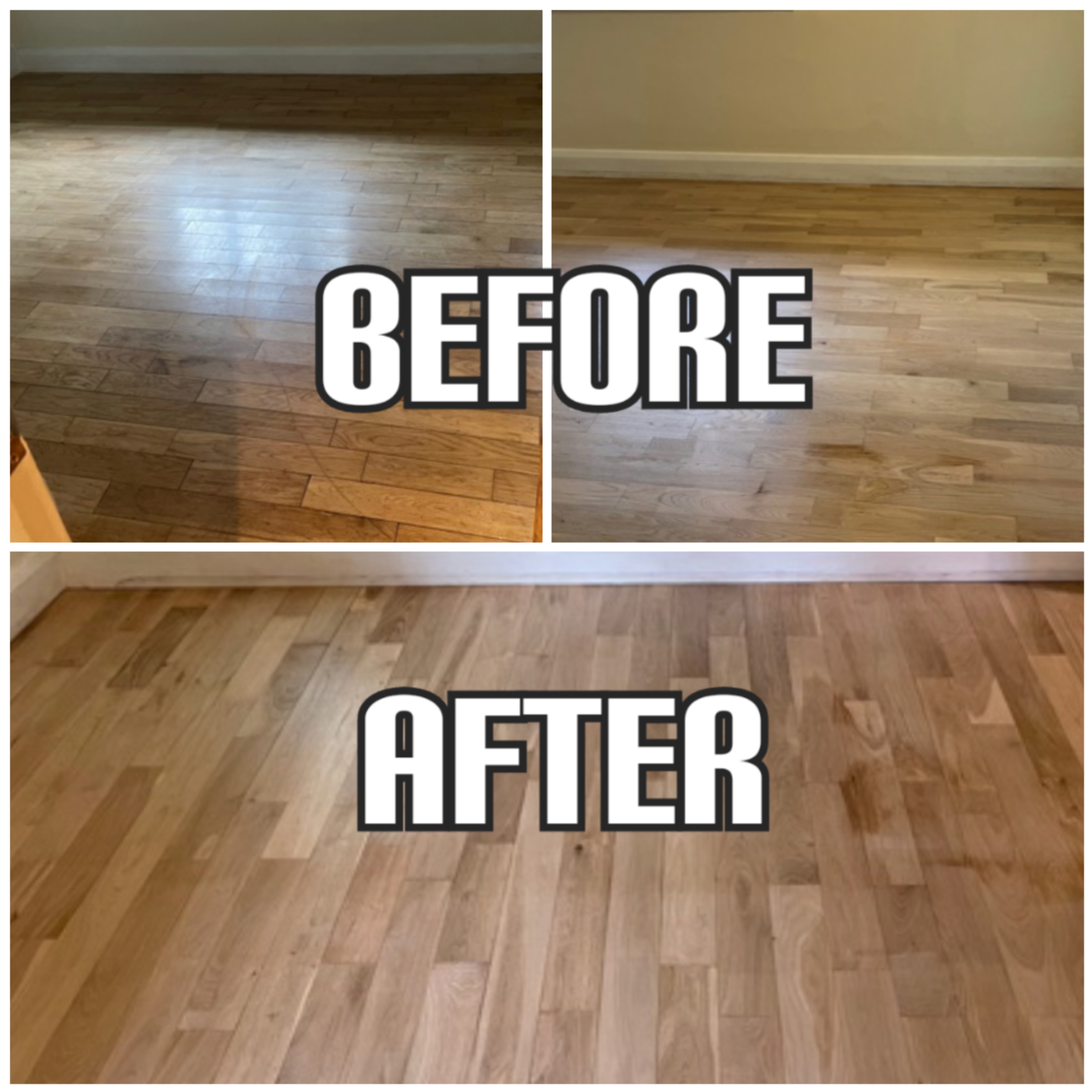 before and after floor sanding, staining, gap filling, and finishing with lacquer in a guest room, Kensington