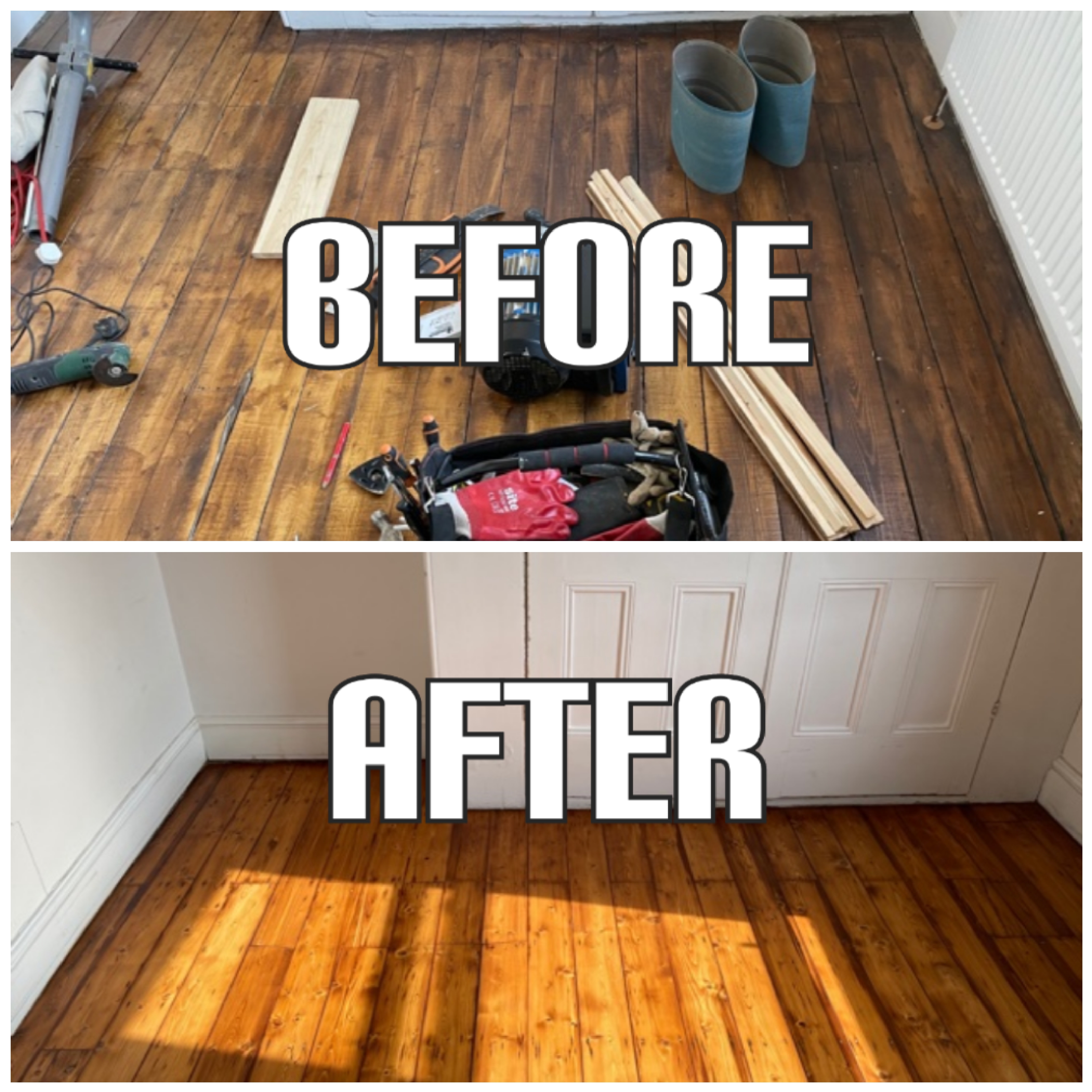 before and after  Hardwood floor restoration, gap filling with sawdust and resin, and medium oak staining in an apartment, Fulham