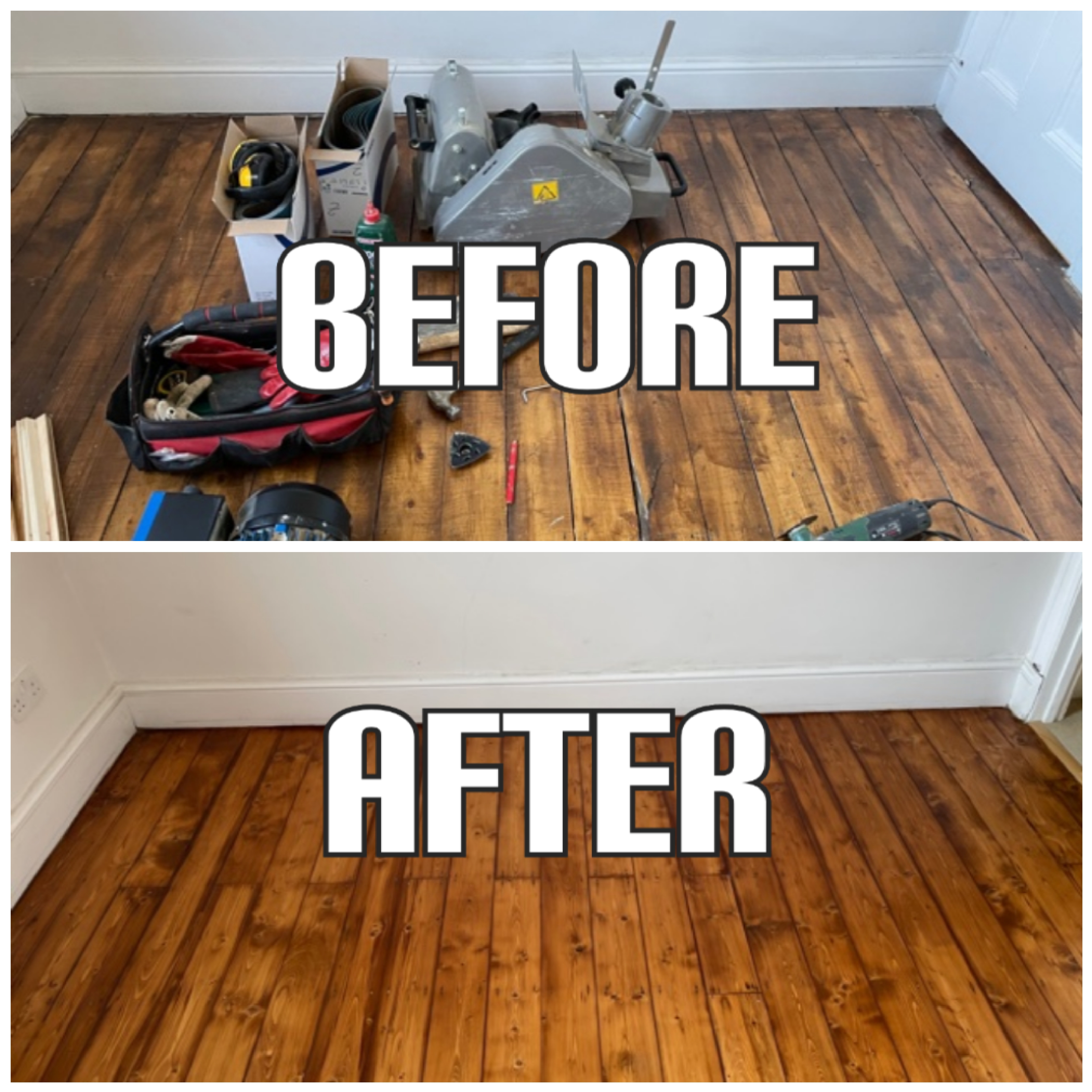 before and after Hardwood floor sanding and finishing with eco lacquer in kids' room, Kent
