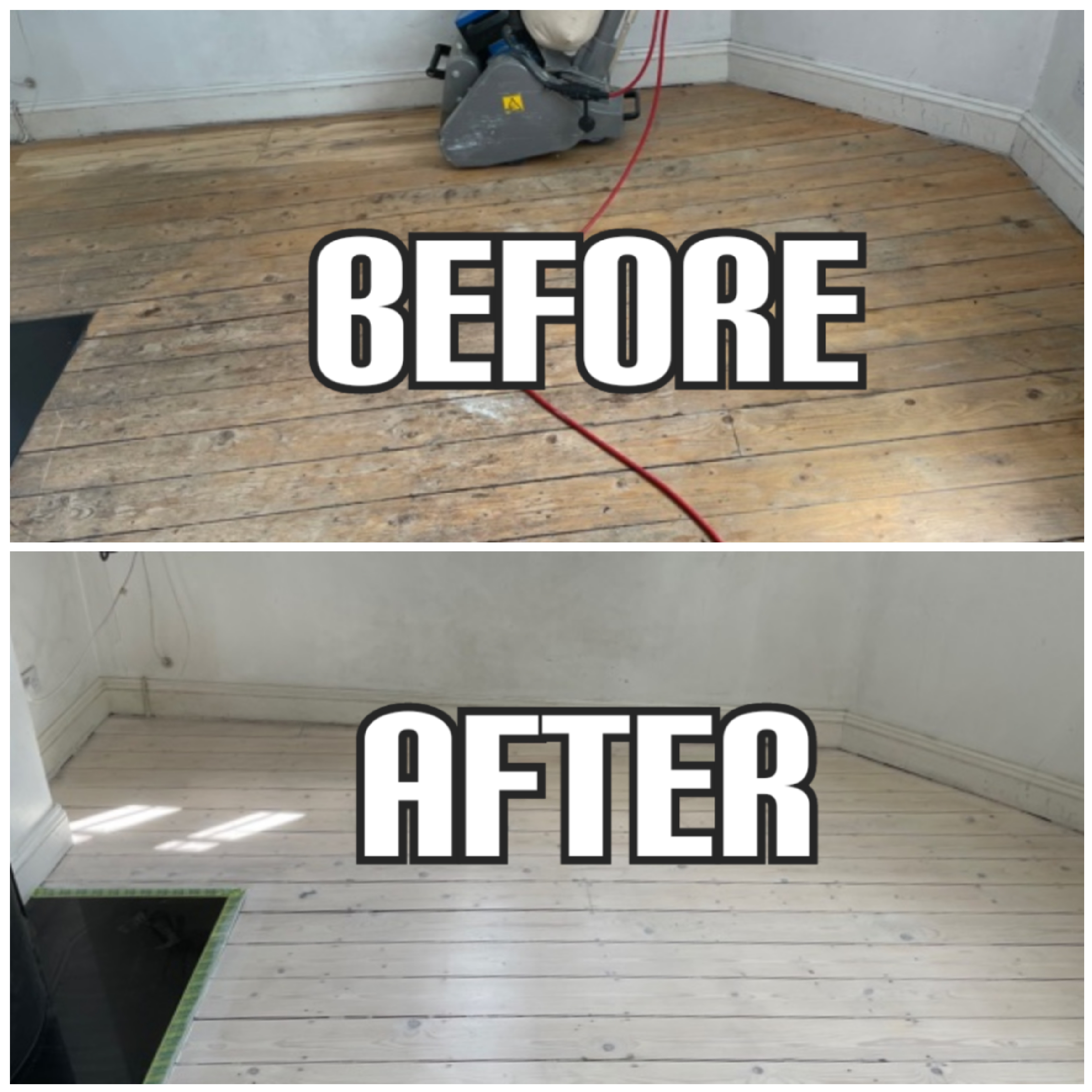 before and after hardwood floor sanding, gap filling, and finishing in a house, Nunhead