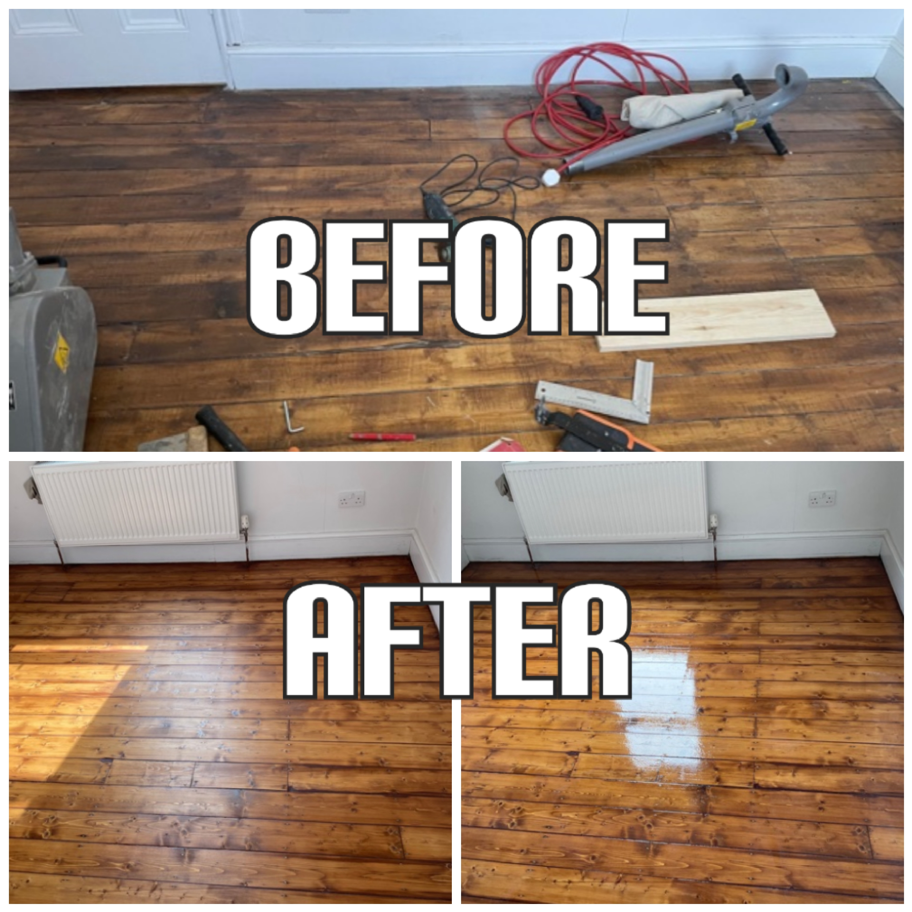 before and after Hardwood floor sanding, reclaiming, staining, and finishing with lacquer in an apartment, Islington