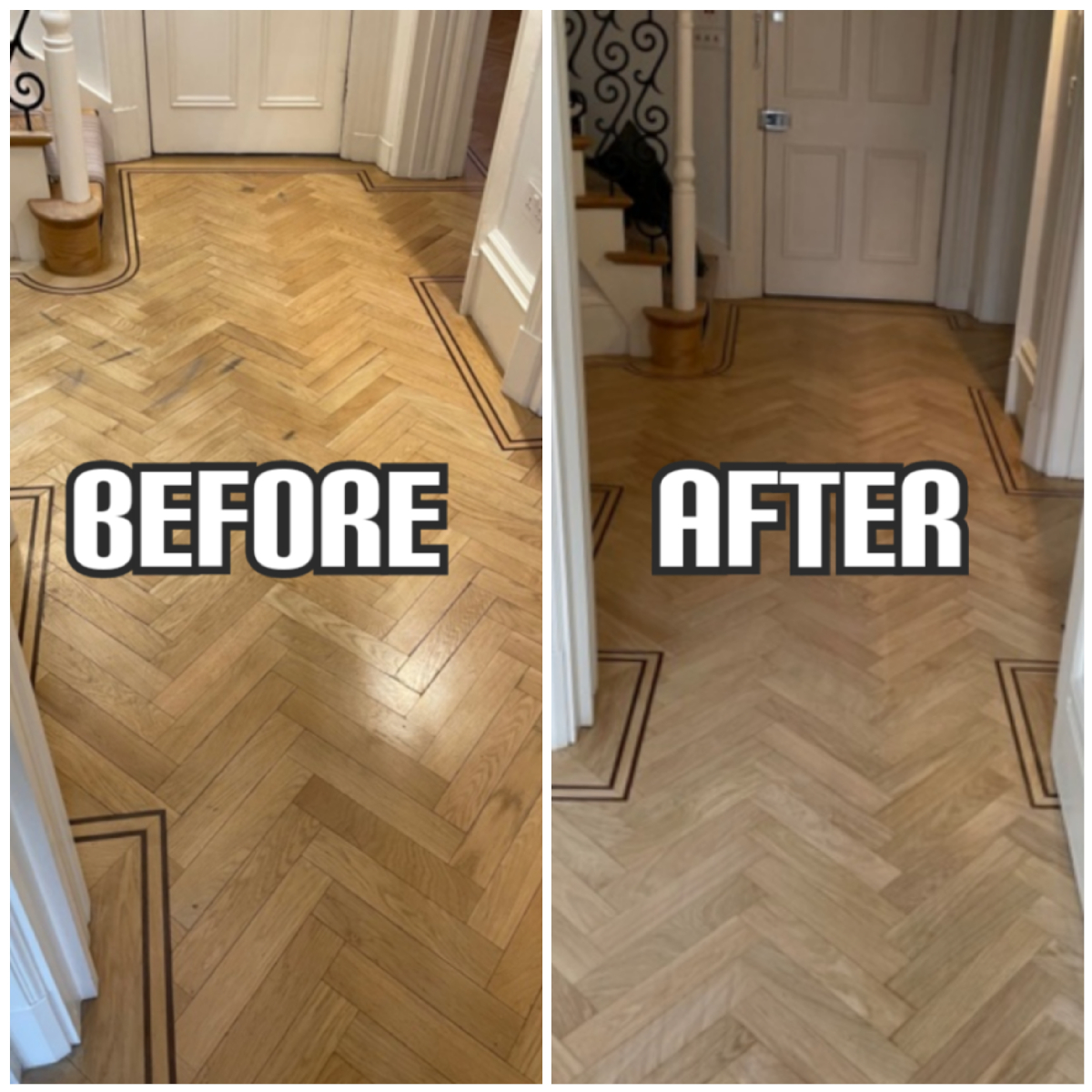 Before and after herringbone floor repair and sanding in a hallway of house, Holloway