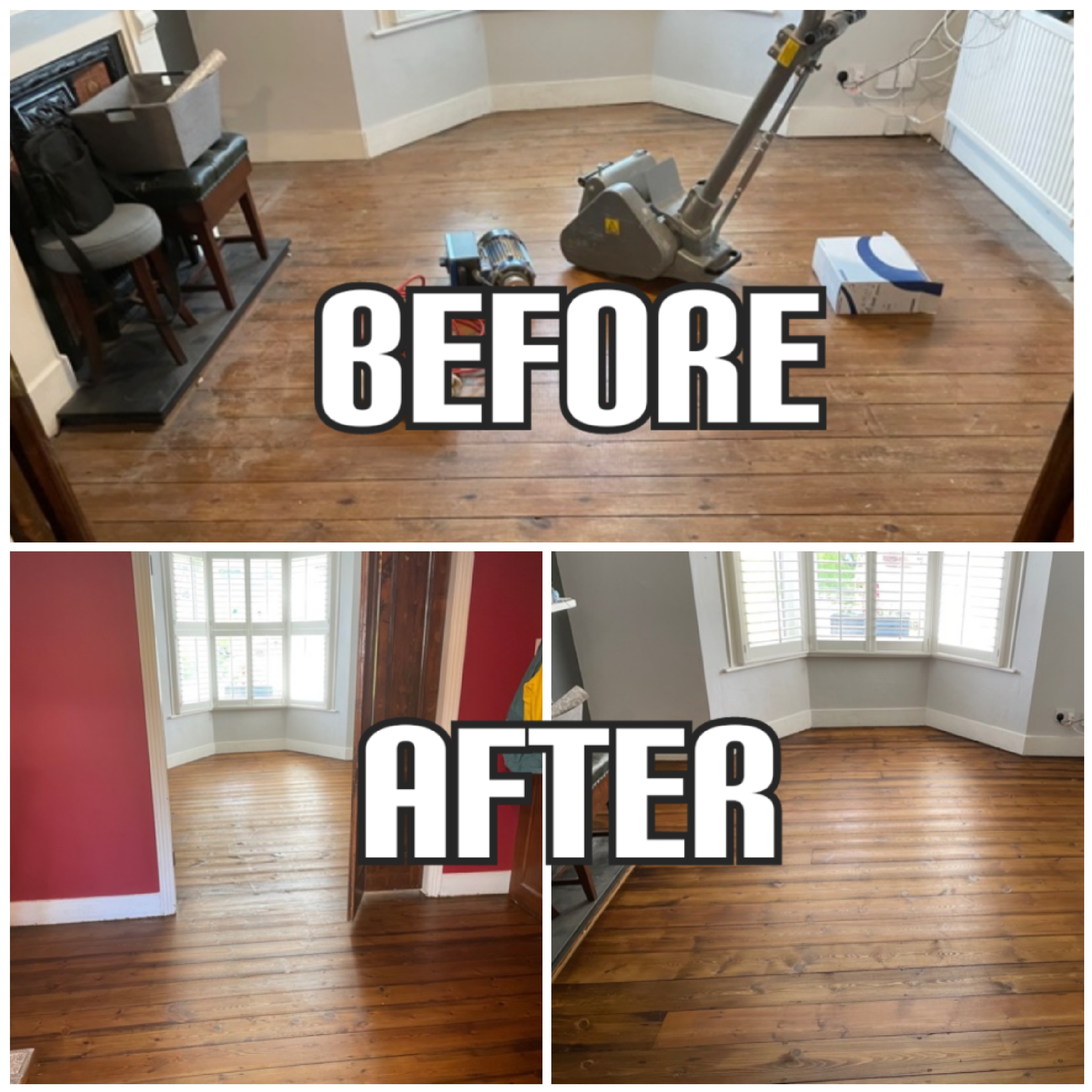 before and after home office floor sanding, repairs, and finishing with lacquer, Southwark