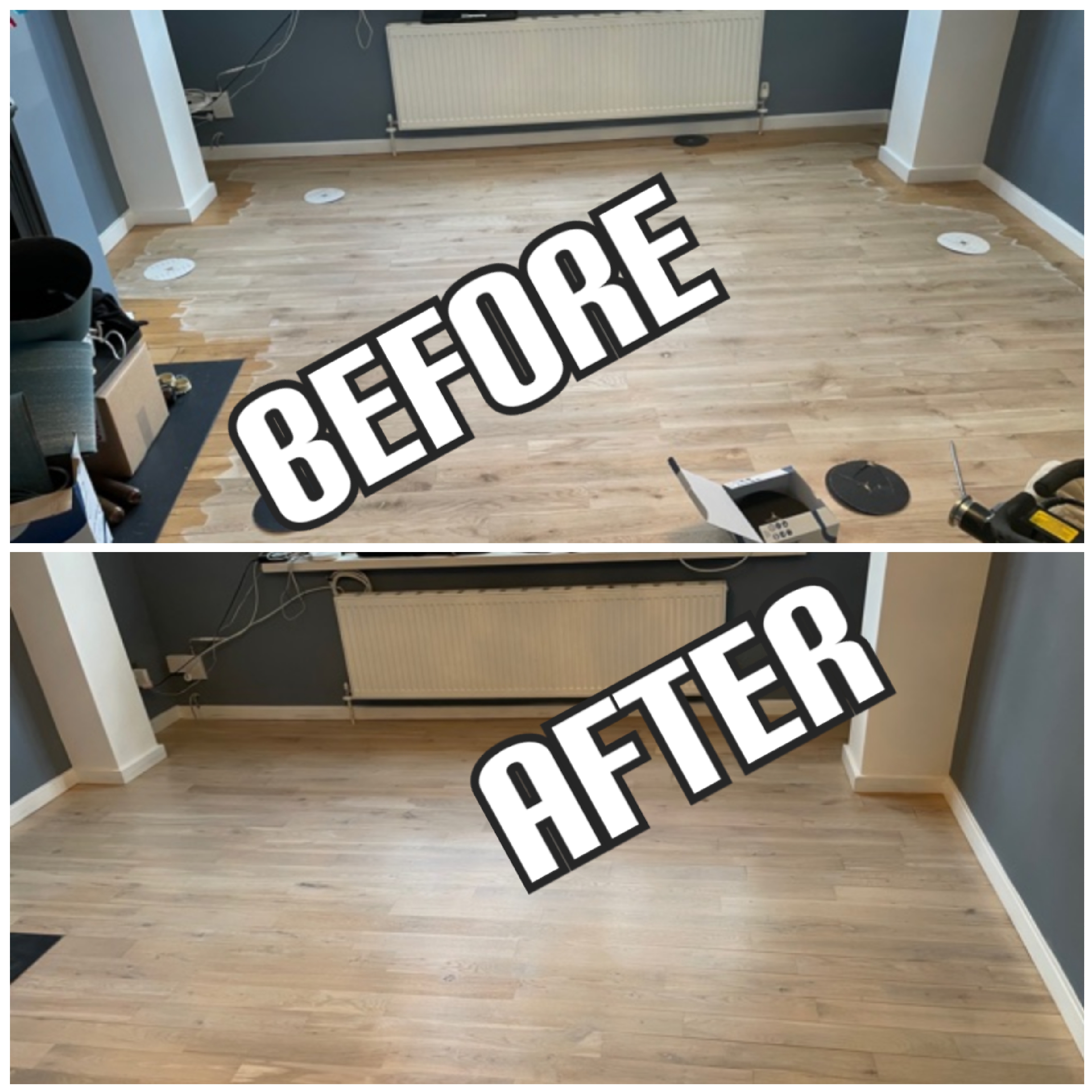 Before and After Solid oak floor sanding and finished with natural lacquer, Islington