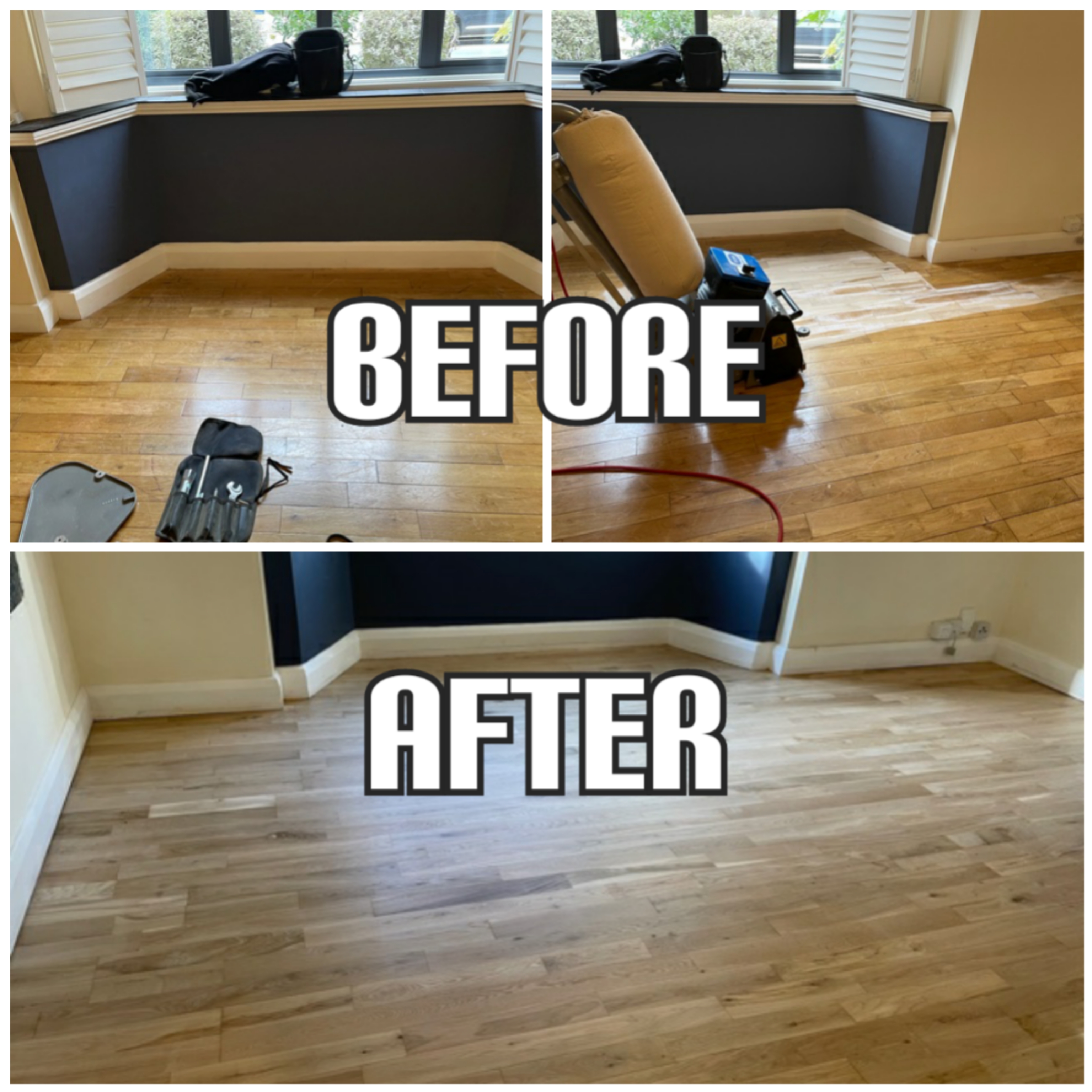 before and after Oak flooring restoration in a living room, Holborn