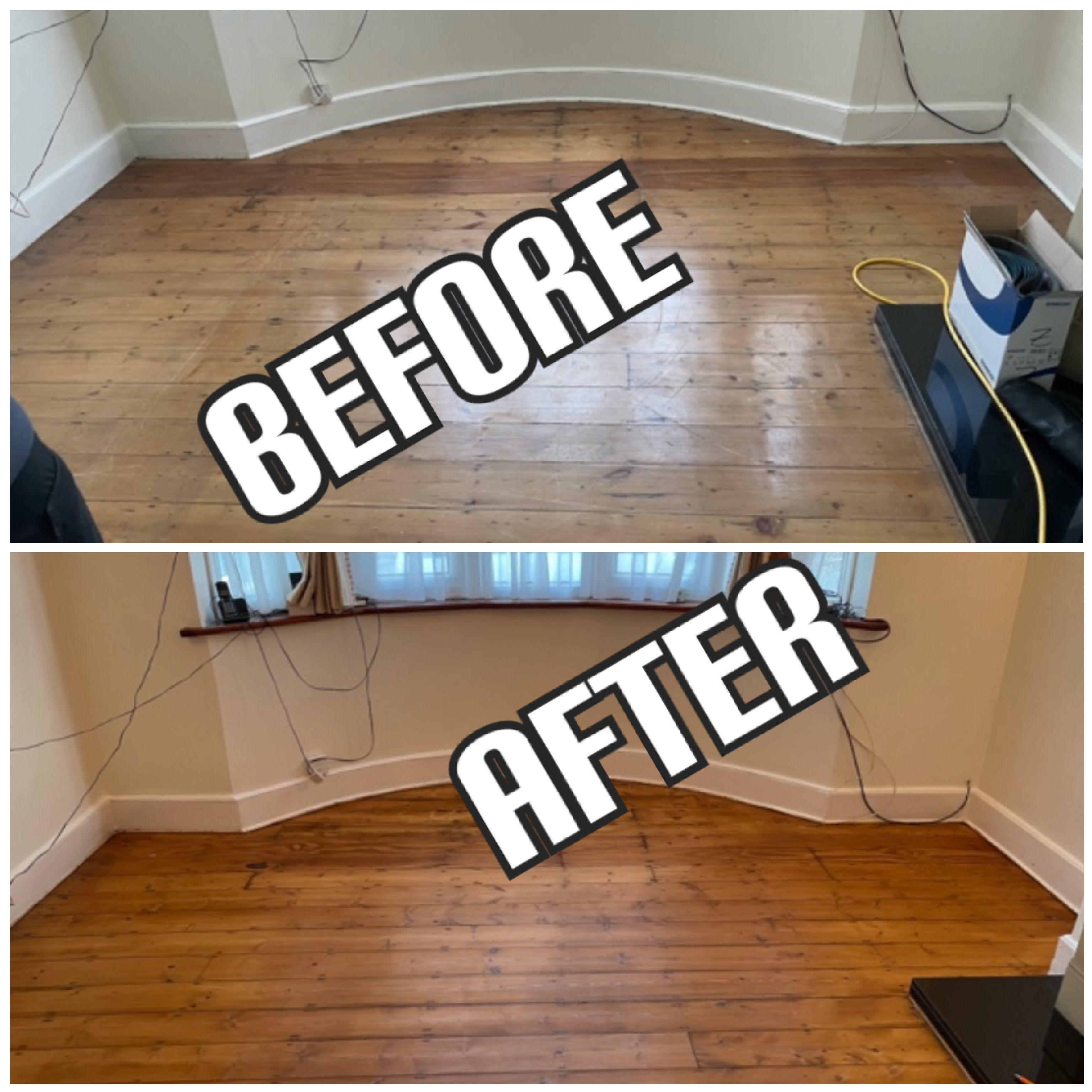 before and after Sanding and refinish of victorian pine in a house, Camden