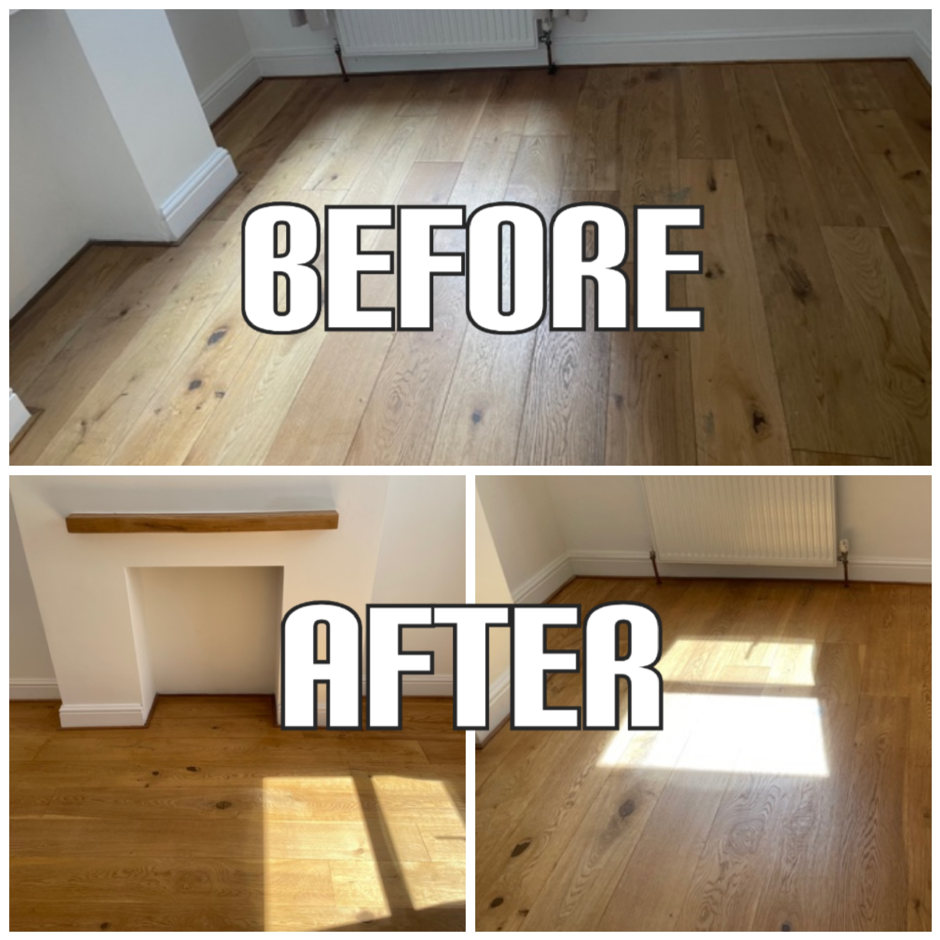 before and after Solid wood floor sanding, gap filling, staining, and finishing with satin lacquer in a house, Surrey