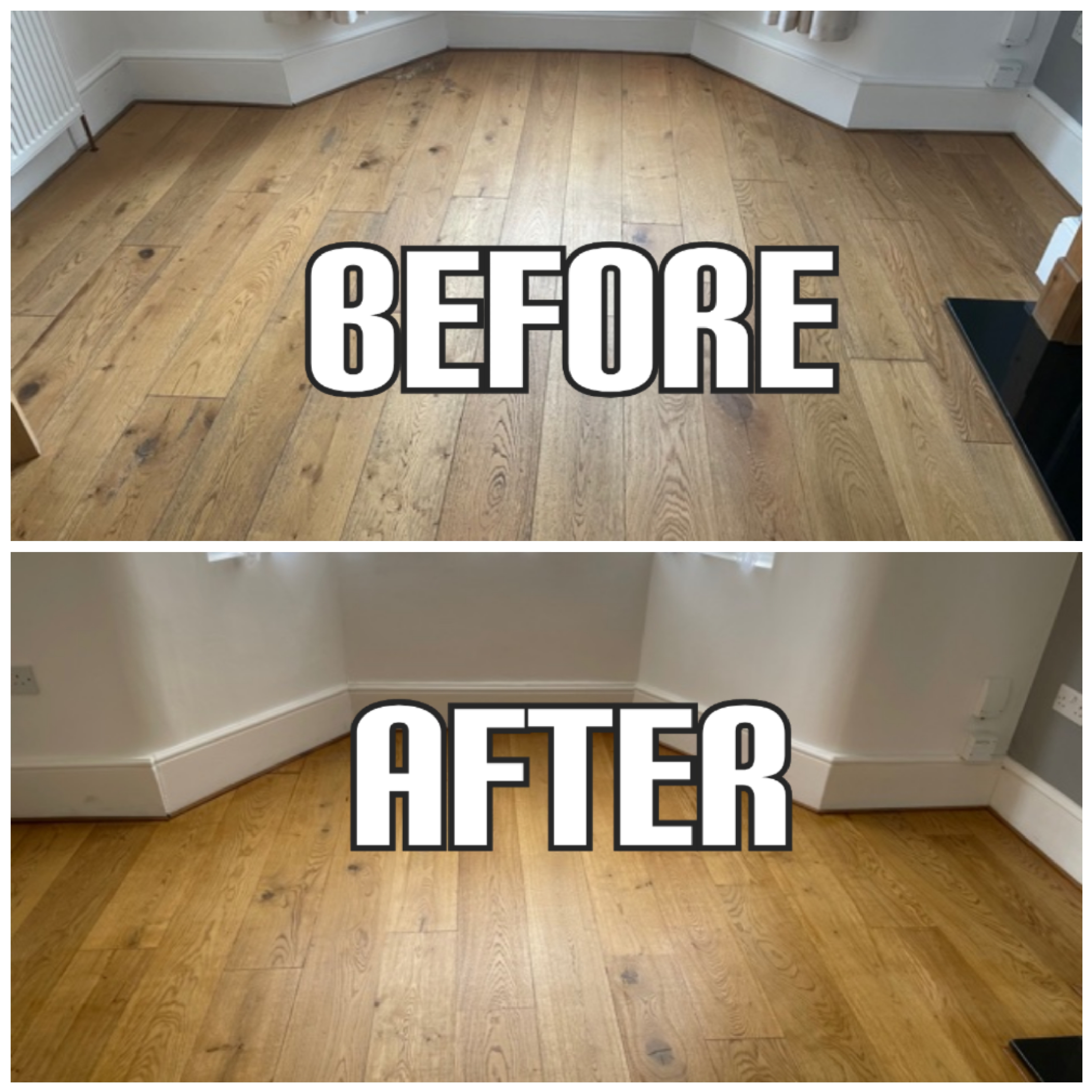 before and after Solid wood floor sanding, staining with light oak, and finishing with clear satin lacquer, Kensington