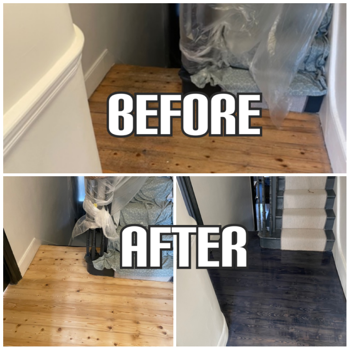 Before and after Stairs restoration, staining with Morelos black colour, and finishing in a family house, Islington
