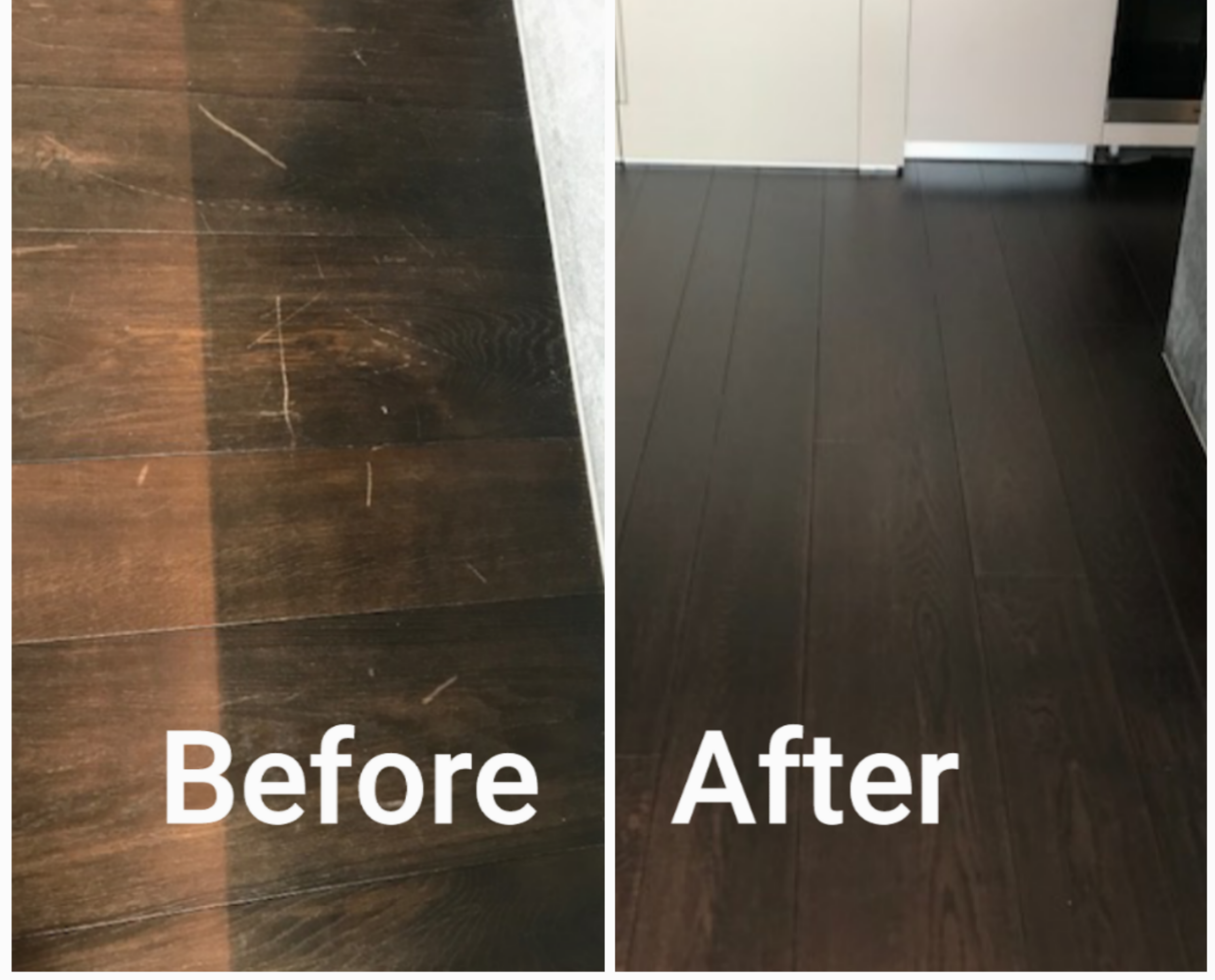 before and after Hardwood floor repair and polishing in apartment near Victoria Station