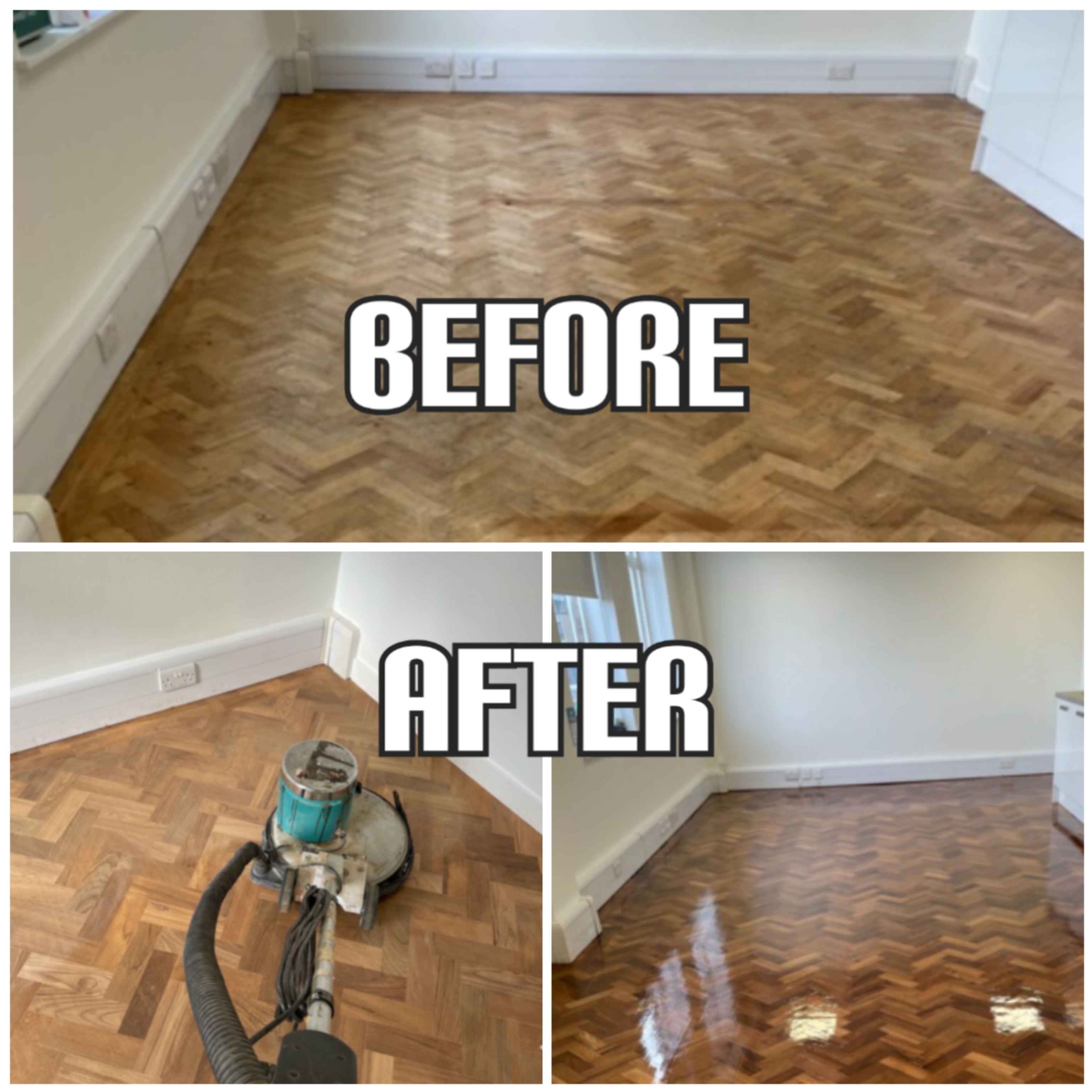before and after Walnut parquet sanding, Holborn