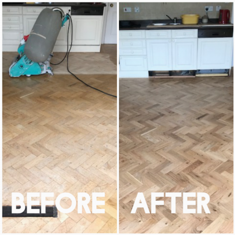 Floorboards refinishing with sand machine and buffing - kitchen, Dorking