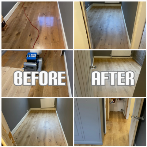 before and after of engineered wood floor sanding, staining, and finishing of 2 small bedrooms for rent, Islington