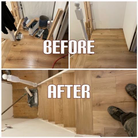 before and after wood stairs restoration and refinishing with matt lacquer, Islington