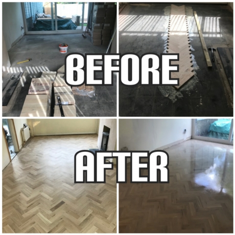 before and after flooring installation of oak herringbone in a house, Chelsea