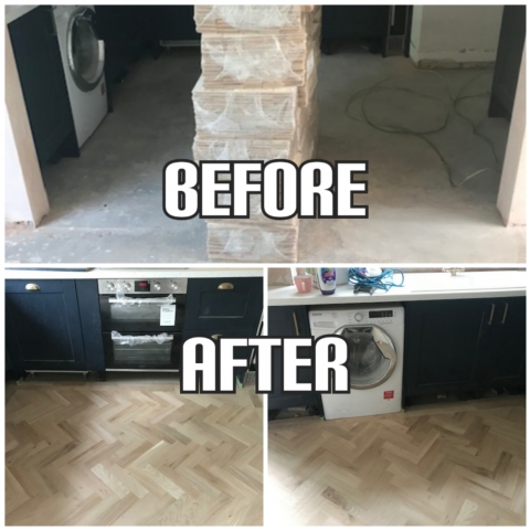 before and after Parquet flooring installation in a kitchen of a house, Chelsea