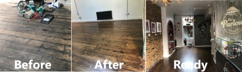 Commercial sanding of pine wood floorboards - restaurant, Furzedown