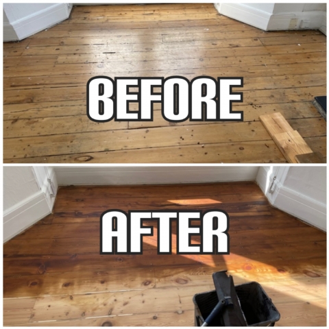 before and after hardwood sanding and dark-oak staining in Lewisham