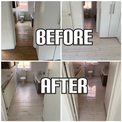 before and after bathroom floor sanding, gap filling, staining and finishing, Wandsworth