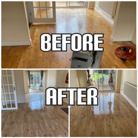 before and after Engineered oak sanding and finishing with clear matt lacquer, Camden