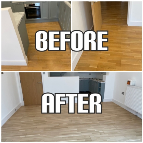 before and after floor repair and restoration in a living room of small apartment for rent, Tooting