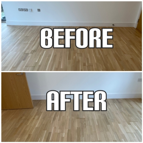before and after floor repair and sanding of oak solid wood floor in a house, Haringey