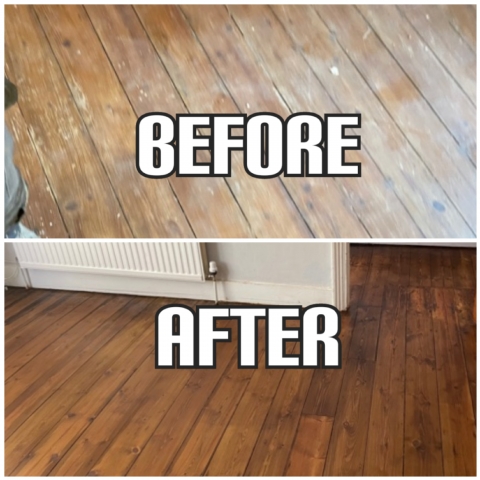 before and after floor repair, reclaiming, and restoration in a house, Nunhead