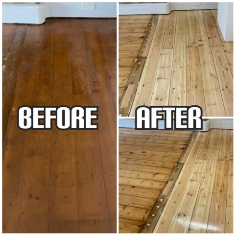 before and after floor restoration of hardwood flooring in an office, Barnet