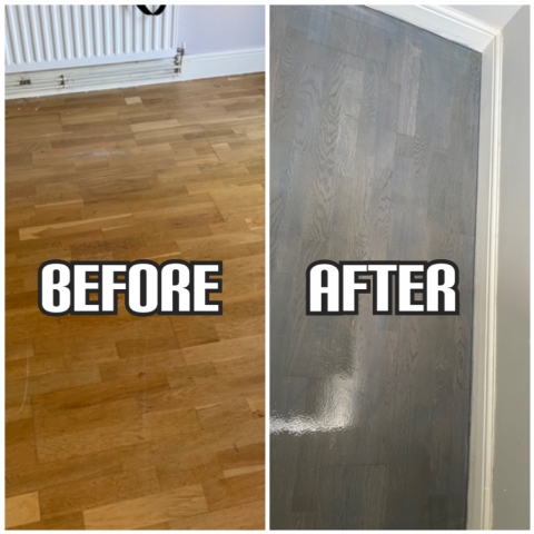 before and after floor restoration with grey staining and lacquer finishing in a hallway, West Ham