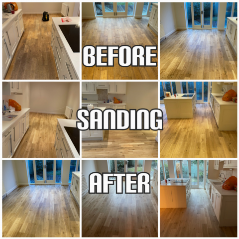 before and after floor sanding and finishing of solid oak in a luxury house, Southwark