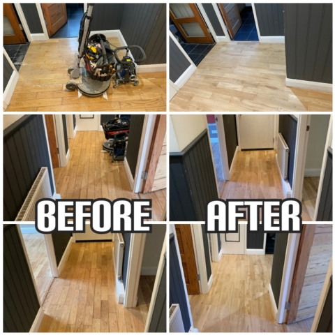 before and after floor sanding and finishing with matt lacquer in a hallway, Kensington