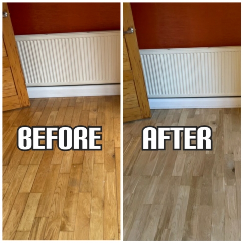 before and after floor sanding of oak flooring in a bedroom, Kensington